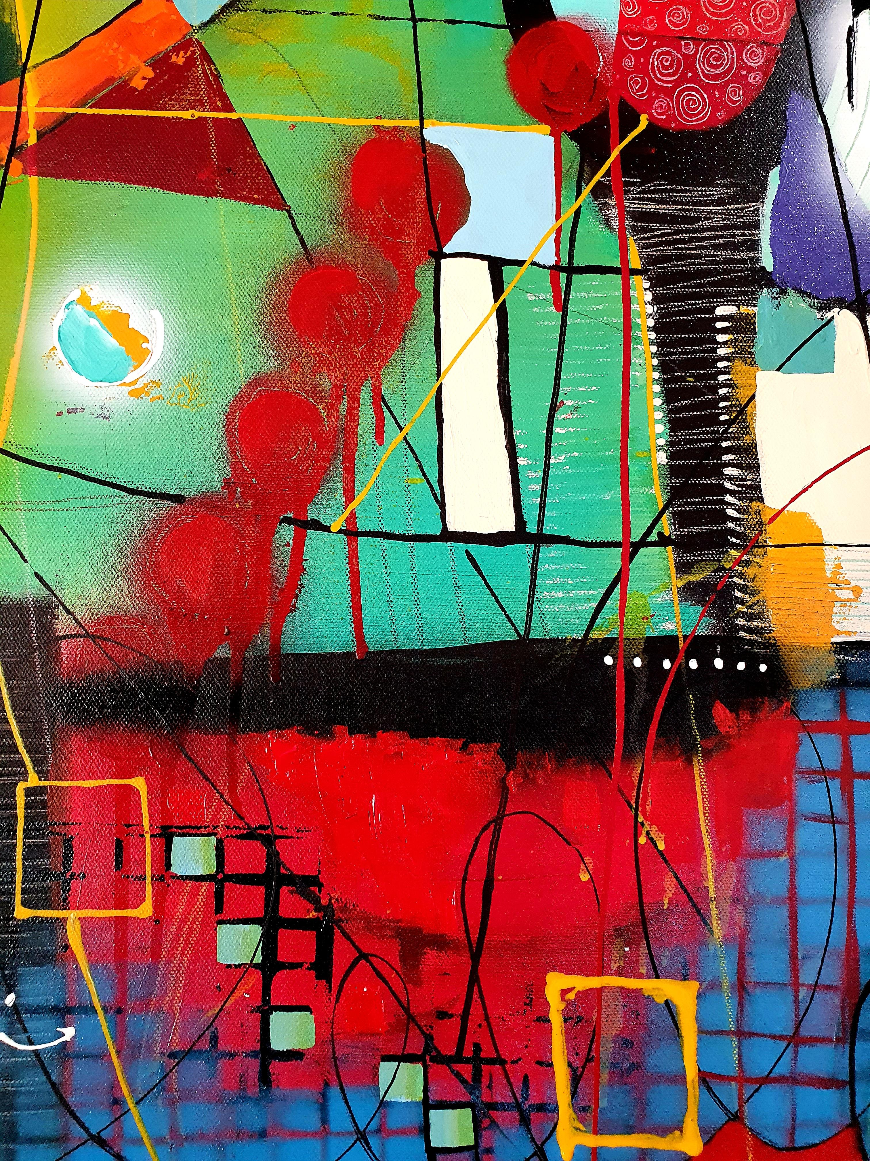 Title: The Guardians and the Carnival

Abstract Painting Modern Bold Invest Colorful Large Contemporary Joy

Love the detail in this artwork by Karnish. 
This work is part of a series. It is part of a story... It portrays truth, abundant energy,