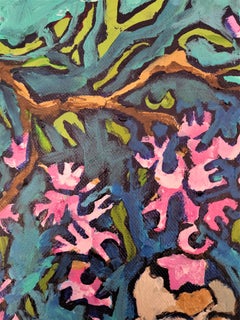 Fiori colorati su una coperta da picnic blu, pittura, figura, paesaggio, 61x41cm