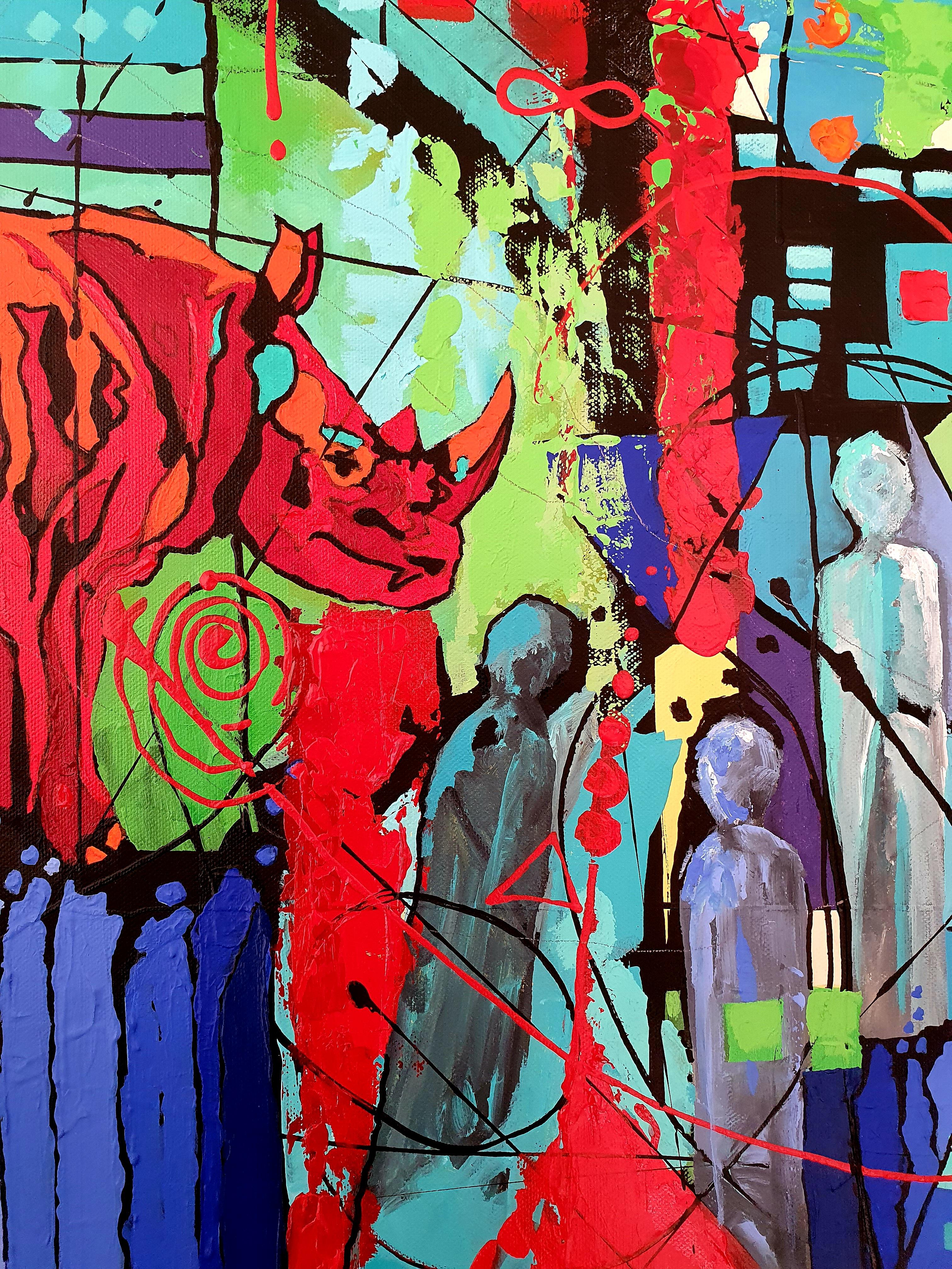 Courage - Abstract, Nature, Rhino, Colorful, Painting, Contemporary, Landscape - Blue Abstract Painting by Karnish Art