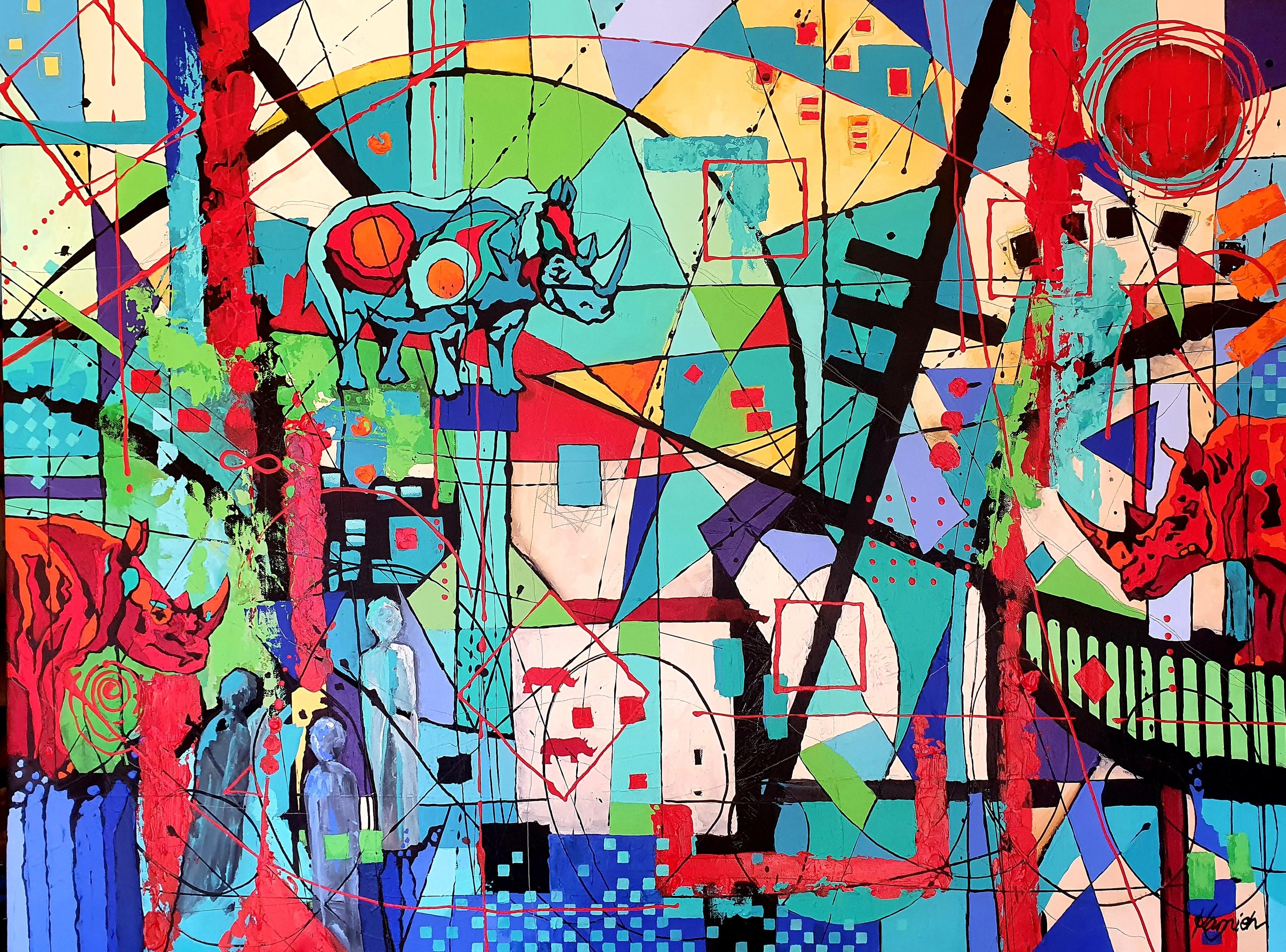 Coraje - Abstracto, Naturaleza, Rinoceronte, Colorido, Pintura, Contemporáneo, Paisaje