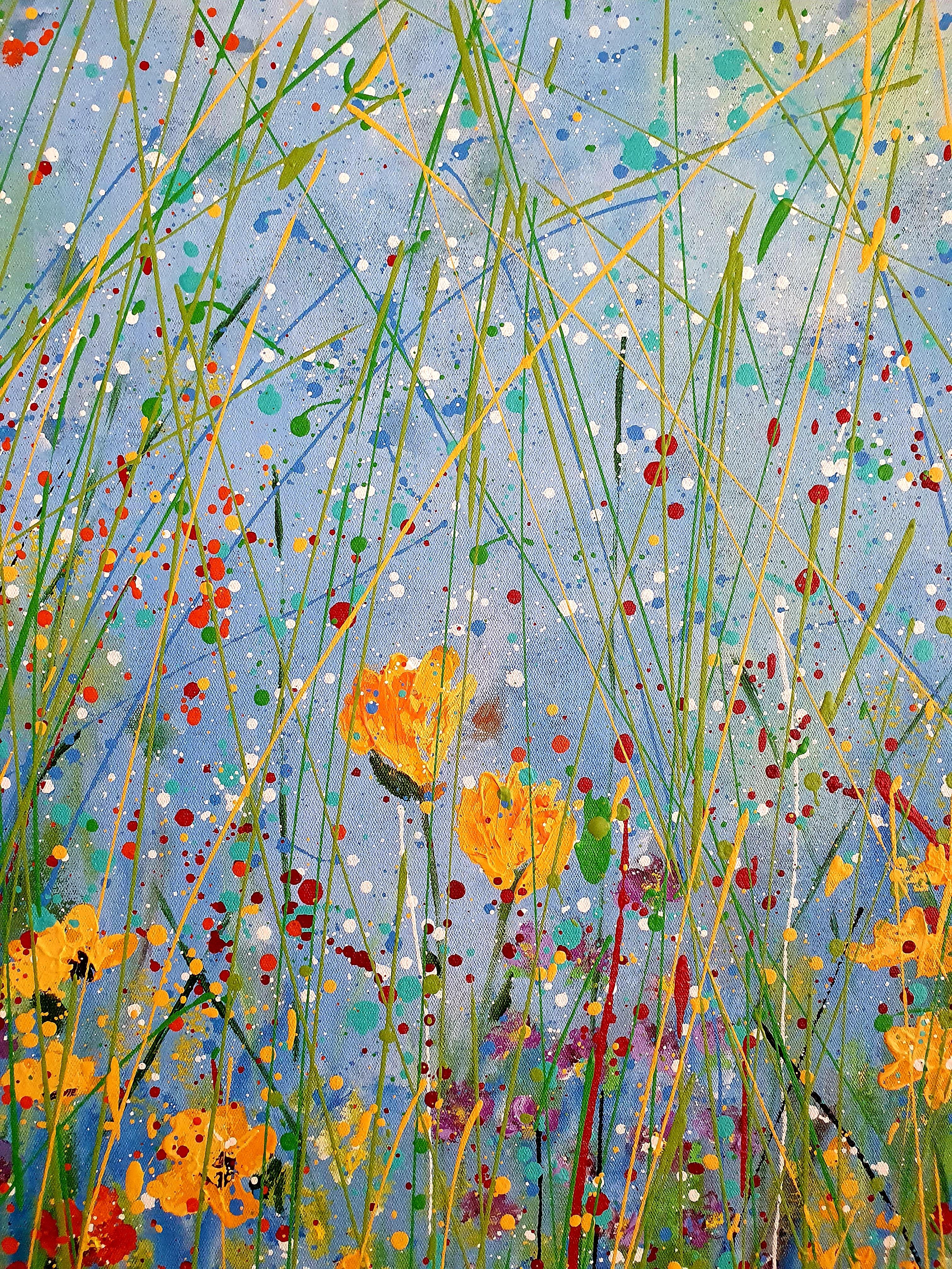 Enchanted - Quietude - Floral Color Joy Meadow Flowers Stillness Peace Flowers - Gray Abstract Painting by Karnish Art