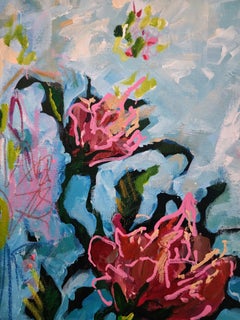 Fiorisci ora! Pittura floreale astratta di grandi dimensioni, acrilico olio pastello, 101x76 cm
