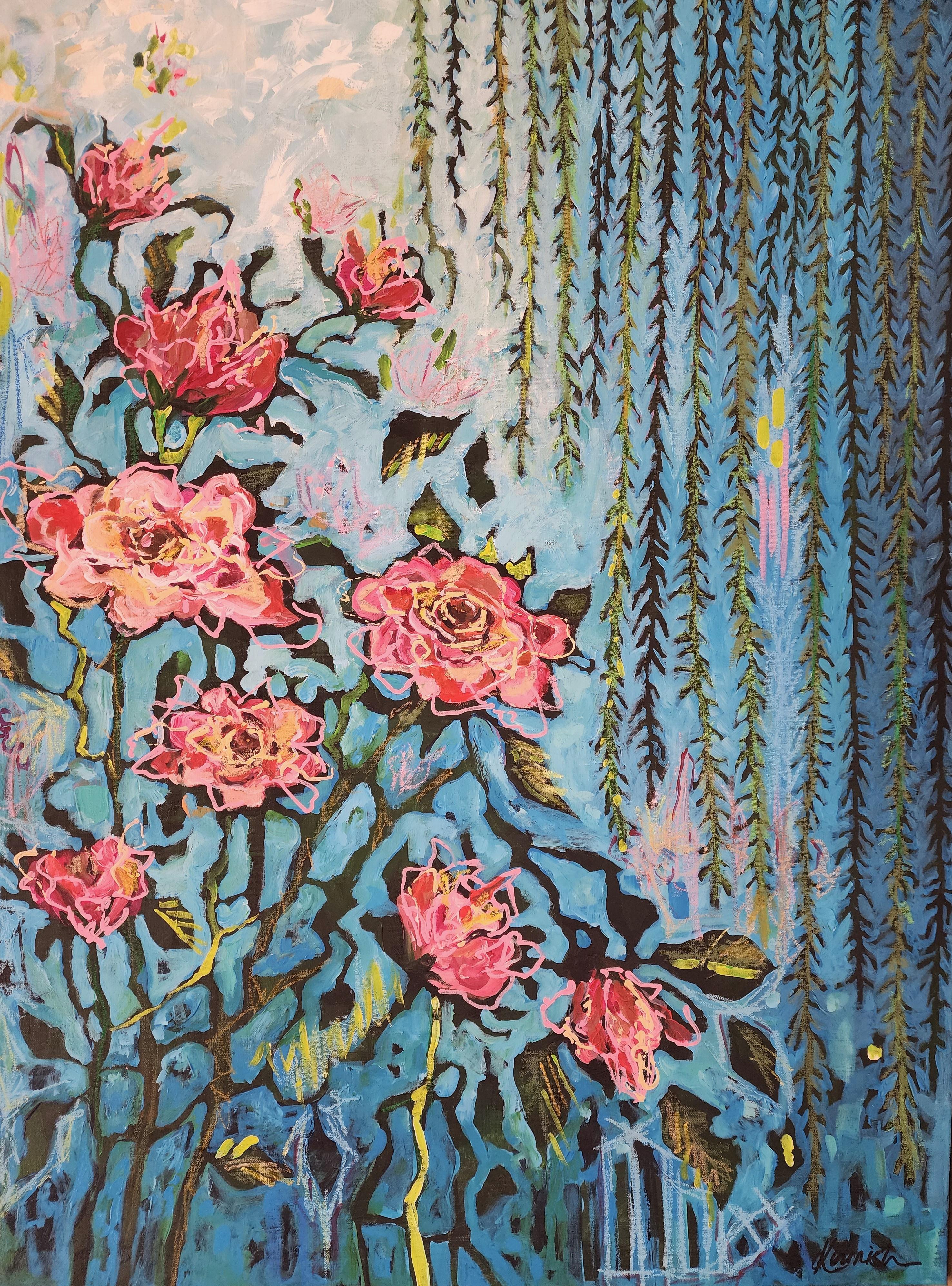 Flourish Now! Large Abstract Floral Painting, Acrylic Oil Pastel, 101x76 cm