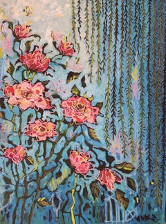 Fiorisci ora! Pittura floreale astratta di grandi dimensioni, acrilico olio pastello, 101x76 cm