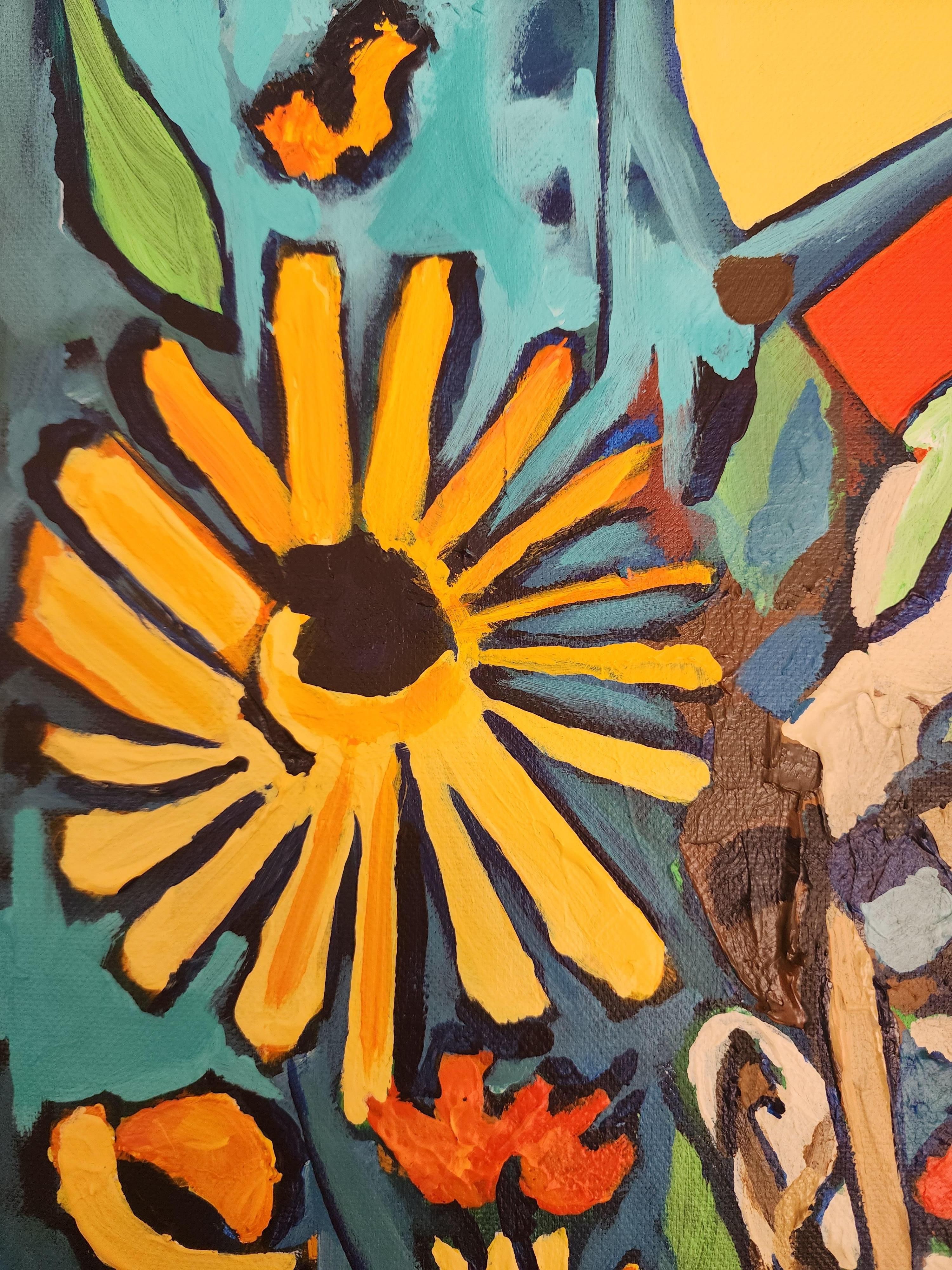 Found You in Paradise - Figurative Nature Flowers Boy Seduction Striking Sun - Painting by Karnish Art