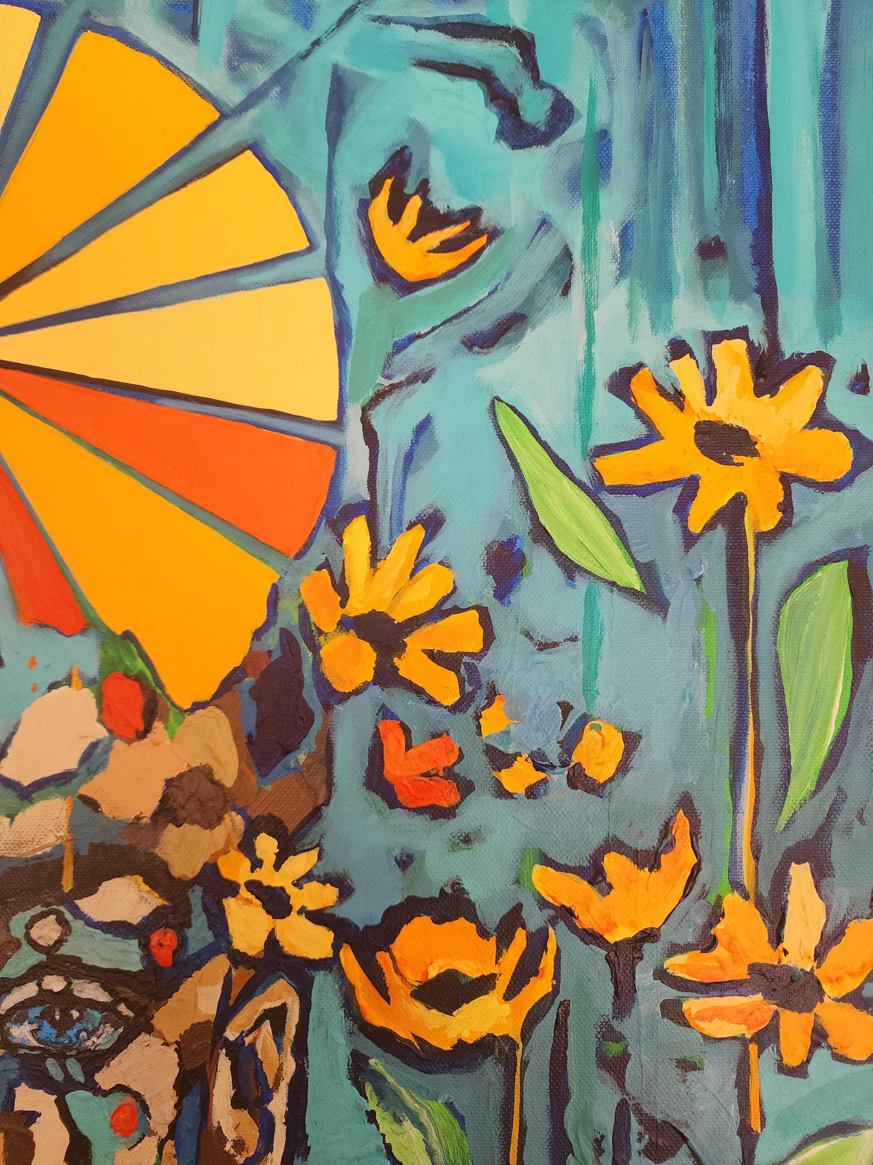 Title: Found You in Paradise

Figurative Nature Flowers Boy Seduction Striking Sun Pride Sunflower Van Gogh Muse Inspiration Eyes Piercing Blue Orange Vivid 

This artwork takes one to a place of contemplation, seduction, freedom and splendor.

 The