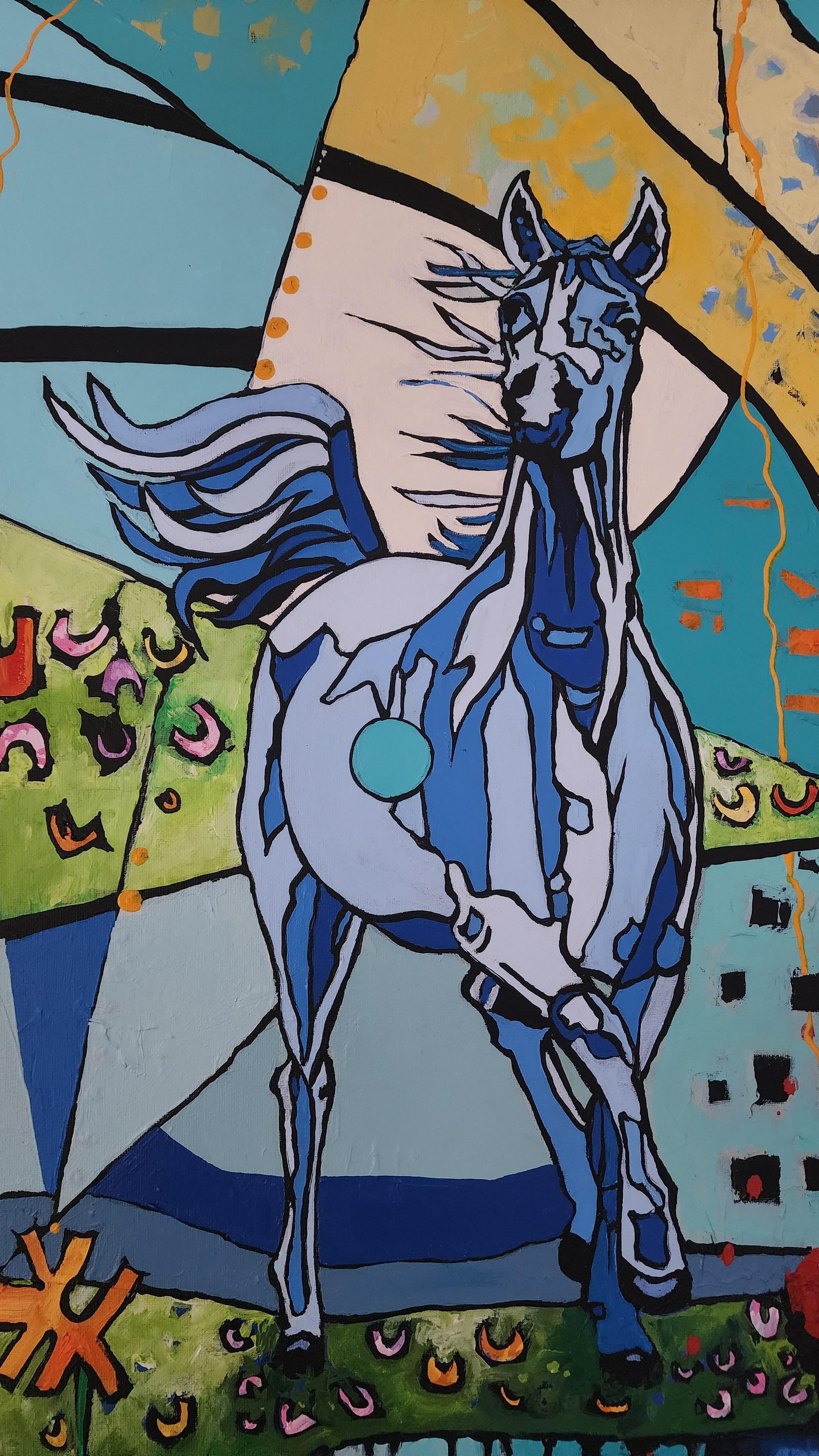 Free Spirit - Großes Abstraktes Buntes Pferd Figurative Blumen Contemporary – Painting von Karnish Art