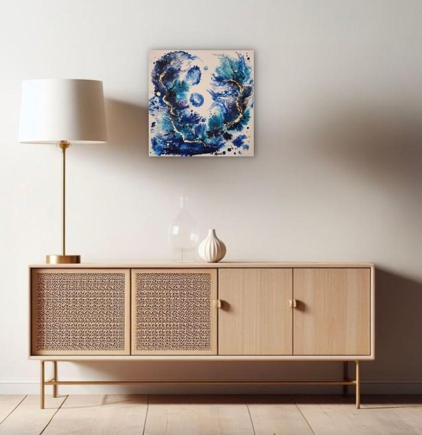 Golden Thread Blue Flow Abstract Expression Gilding Calm Ocean Sea Abundance For Sale 8