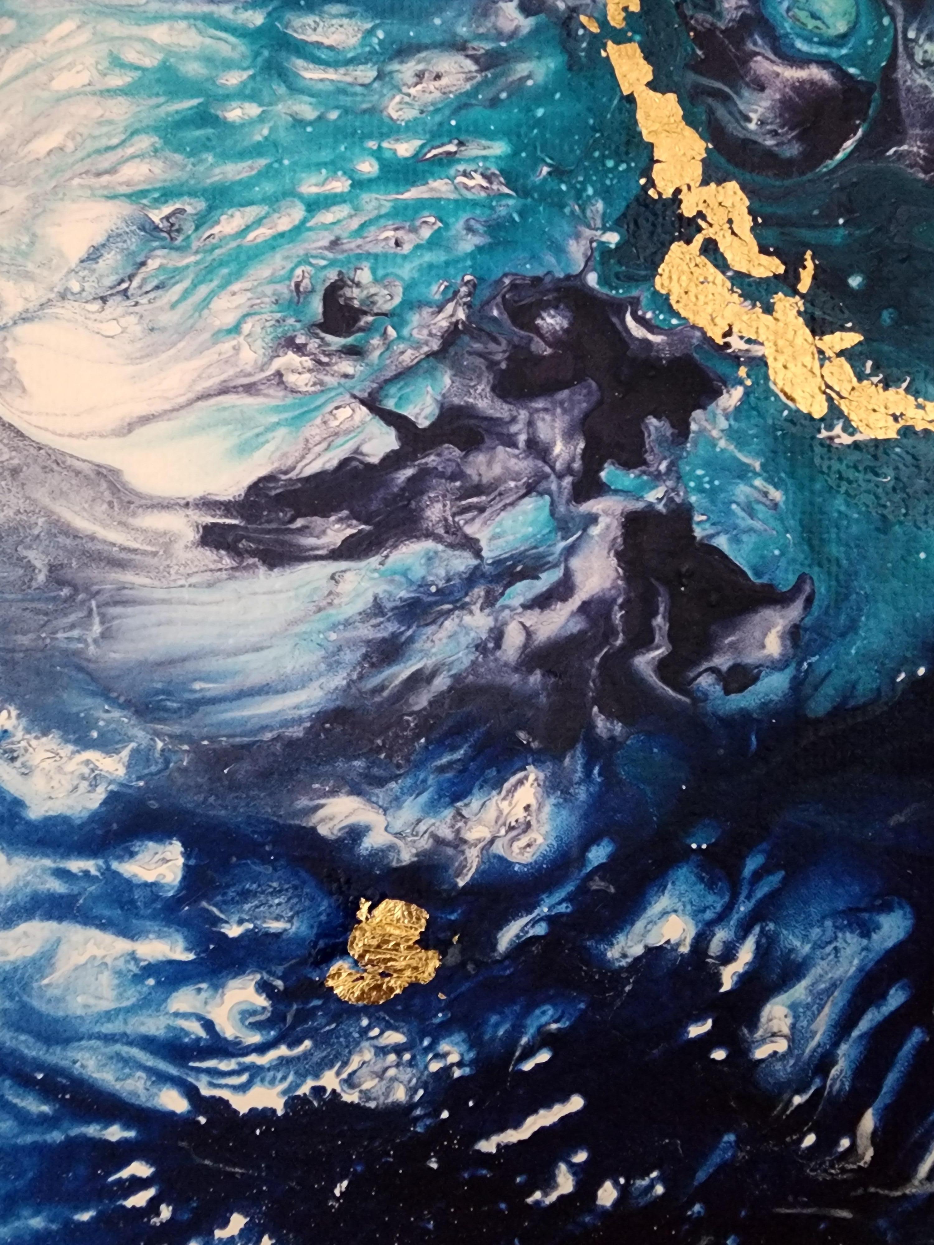 Golden Thread Blue Flow Abstract Expression Gilding Calm Ocean Sea Abundance - Painting by Karnish Art