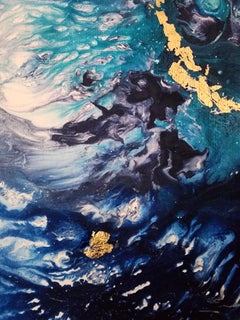 Golden Thread Blue Flow Abstract Expression Gilding Calm Ocean Sea Abundance