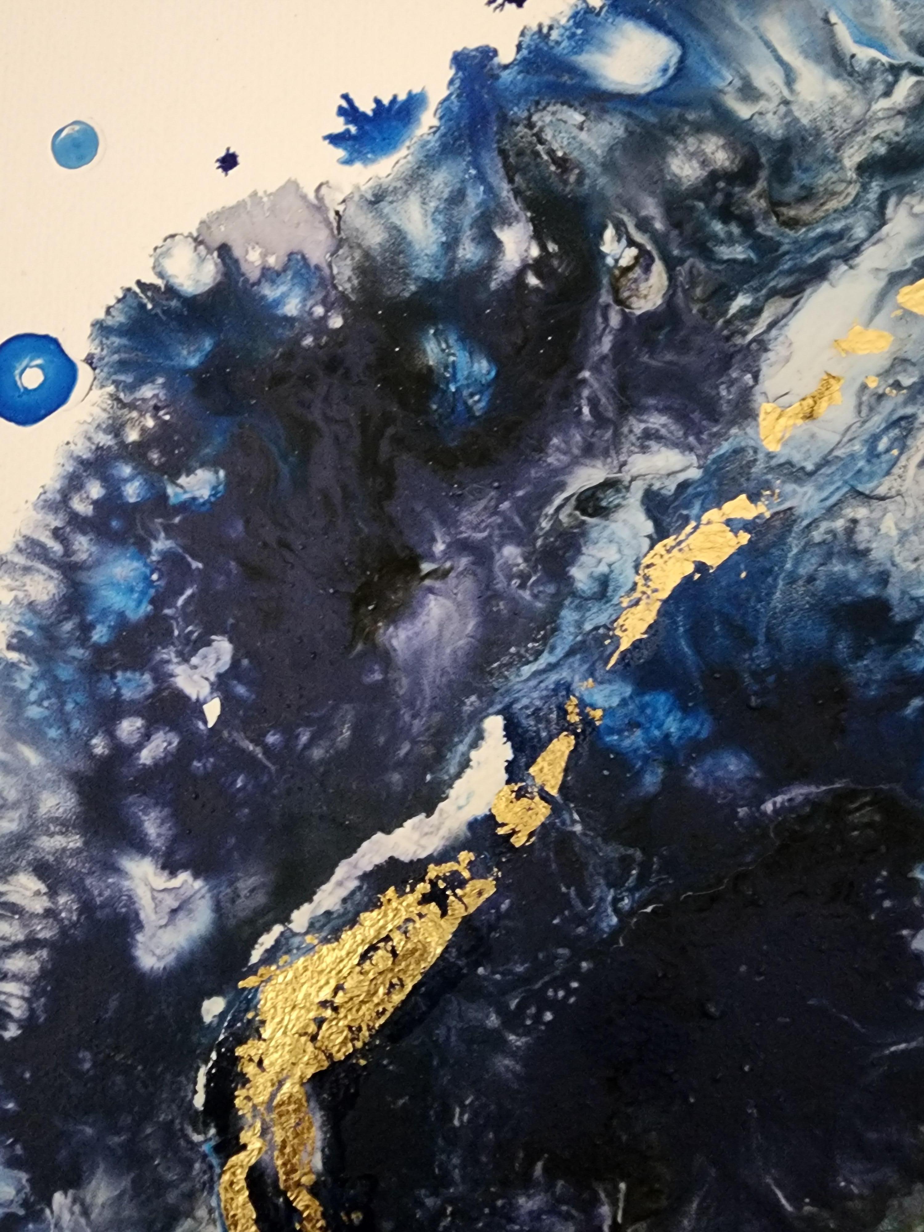 Golden Thread Blue Flow Abstract Expression Gilding Calm Ocean Sea Abundance - Abstract Expressionist Painting by Karnish Art