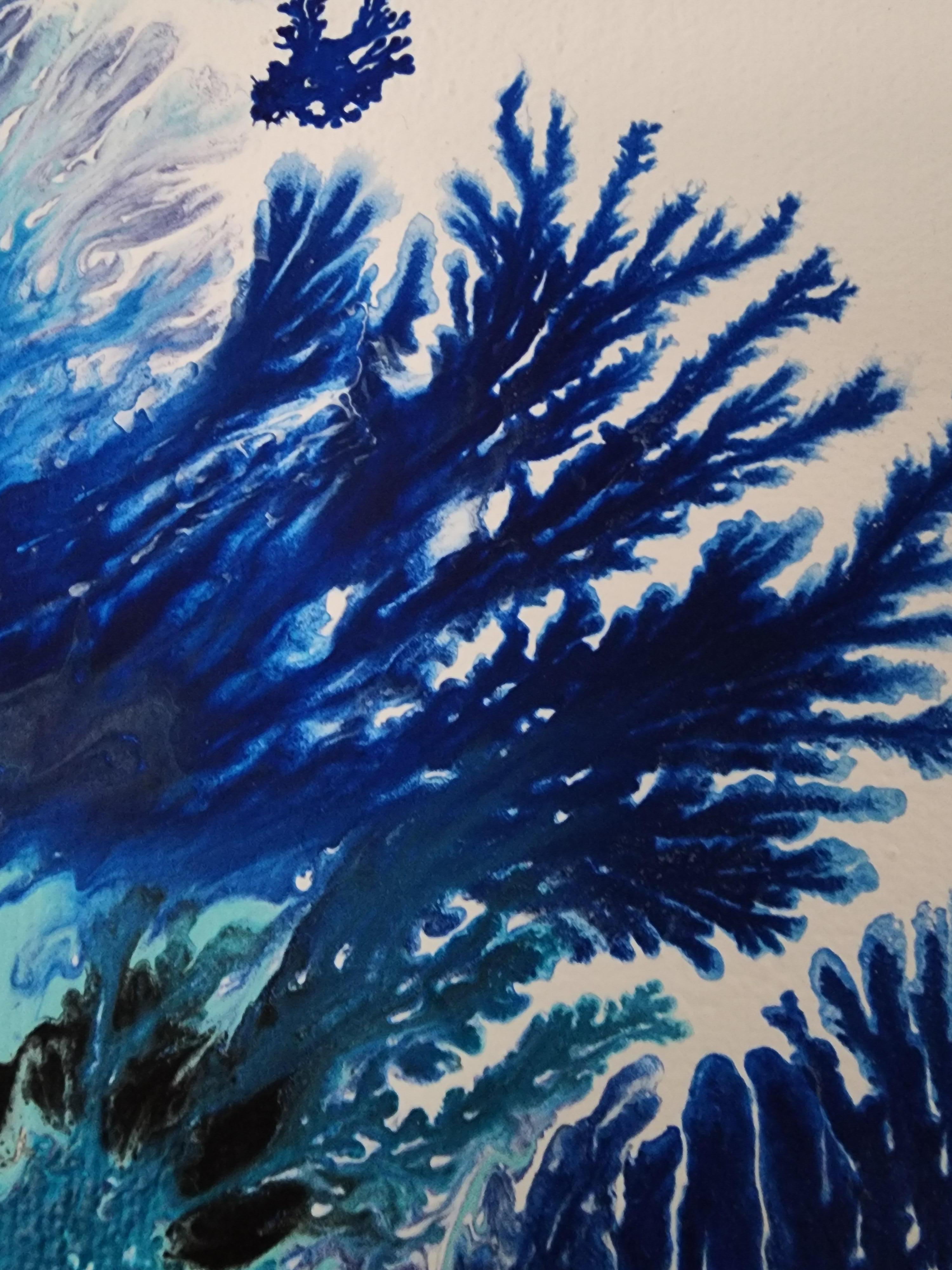 Title: Golden Thread 

In this piece, I've embraced the dance of harmony and flow. With featherlike strokes of acrylic and oil, the bold blues embody emotional depth, tempered by the delicate whispers of gilded lines—symbols of the