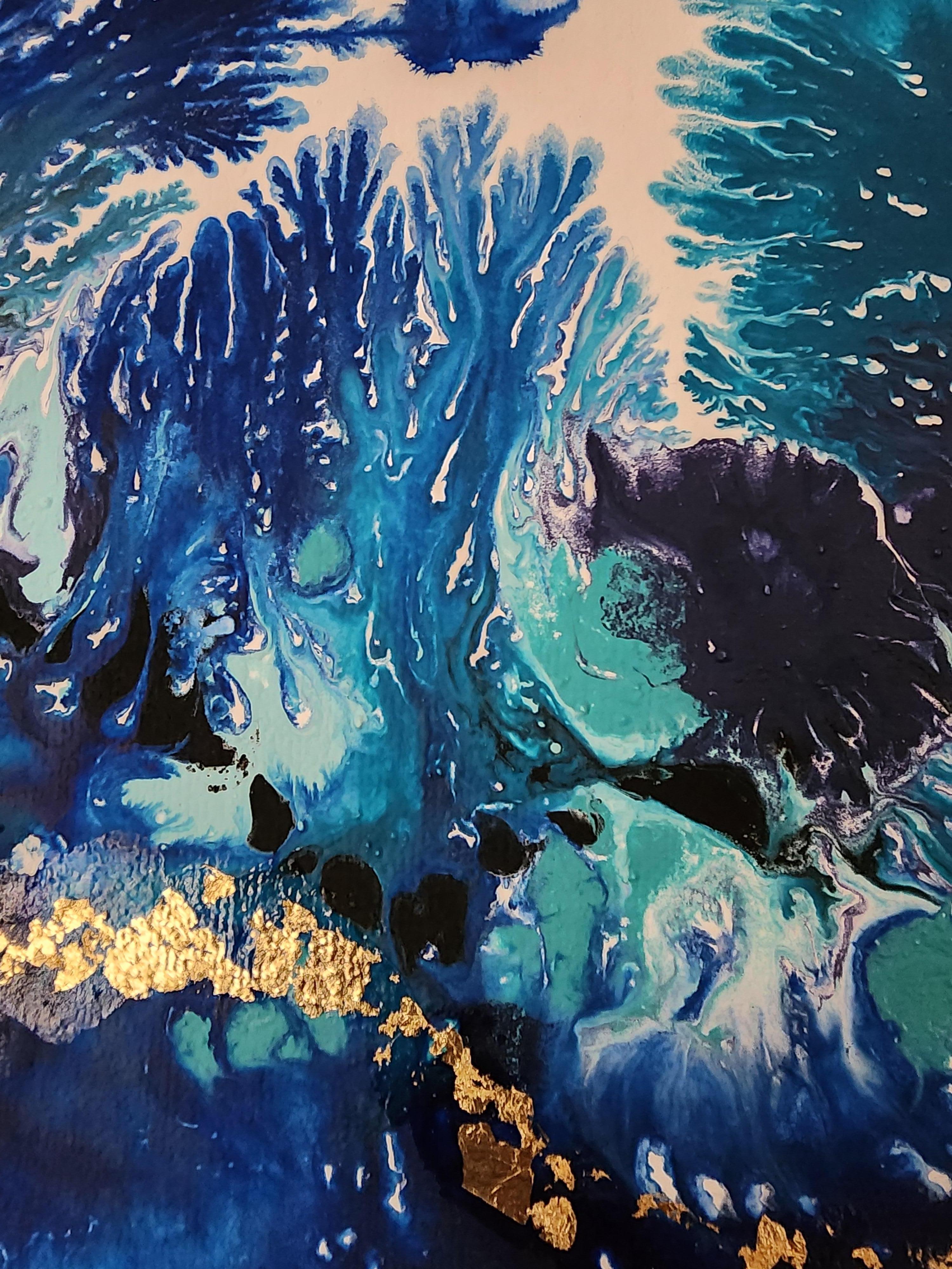Golden Thread Blue Flow Abstract Expression Gilding Calm Ocean Sea Abundance For Sale 1