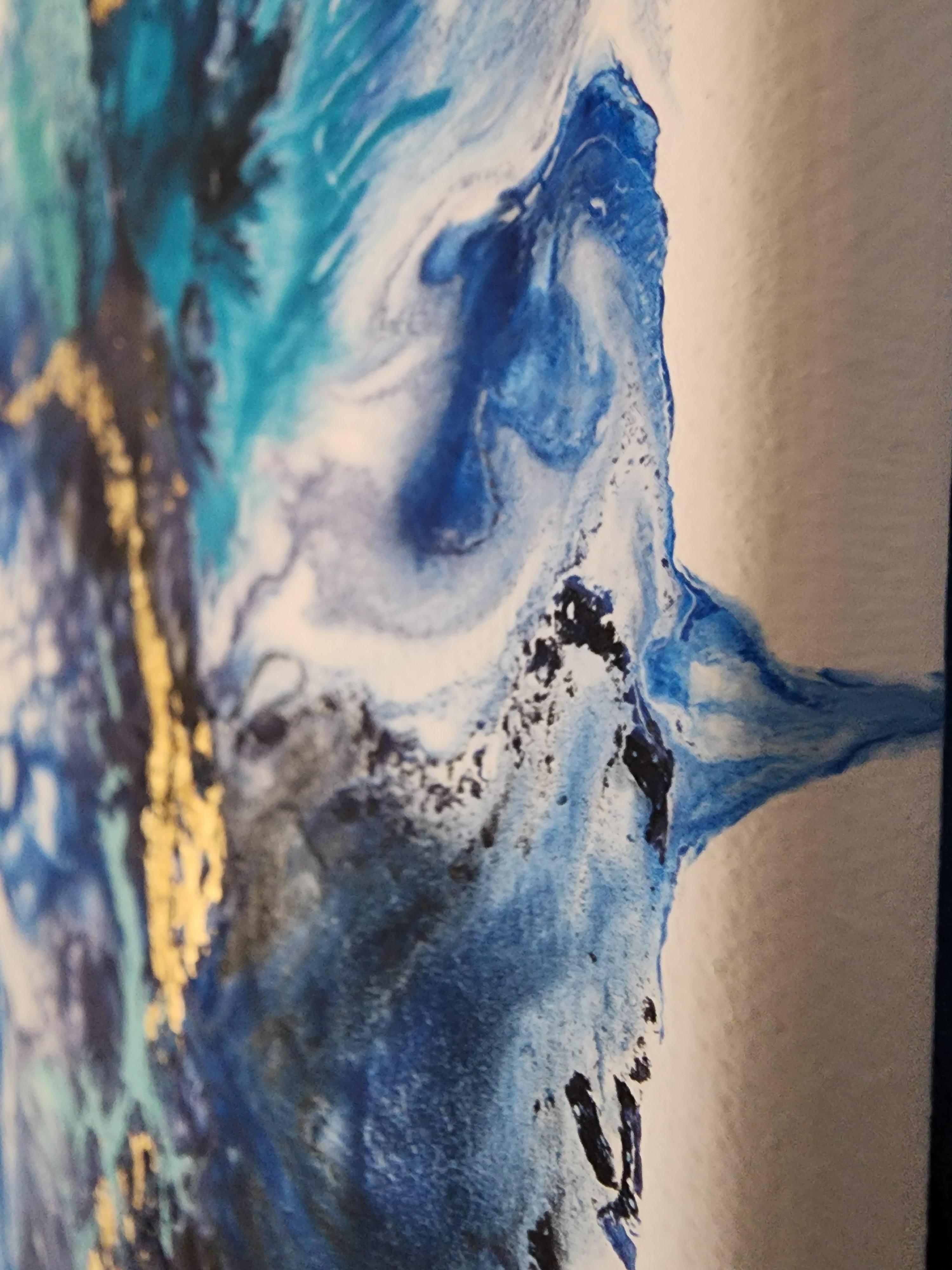 Golden Thread Blue Flow Abstract Expression Gilding Calm Ocean Sea Abundance For Sale 4