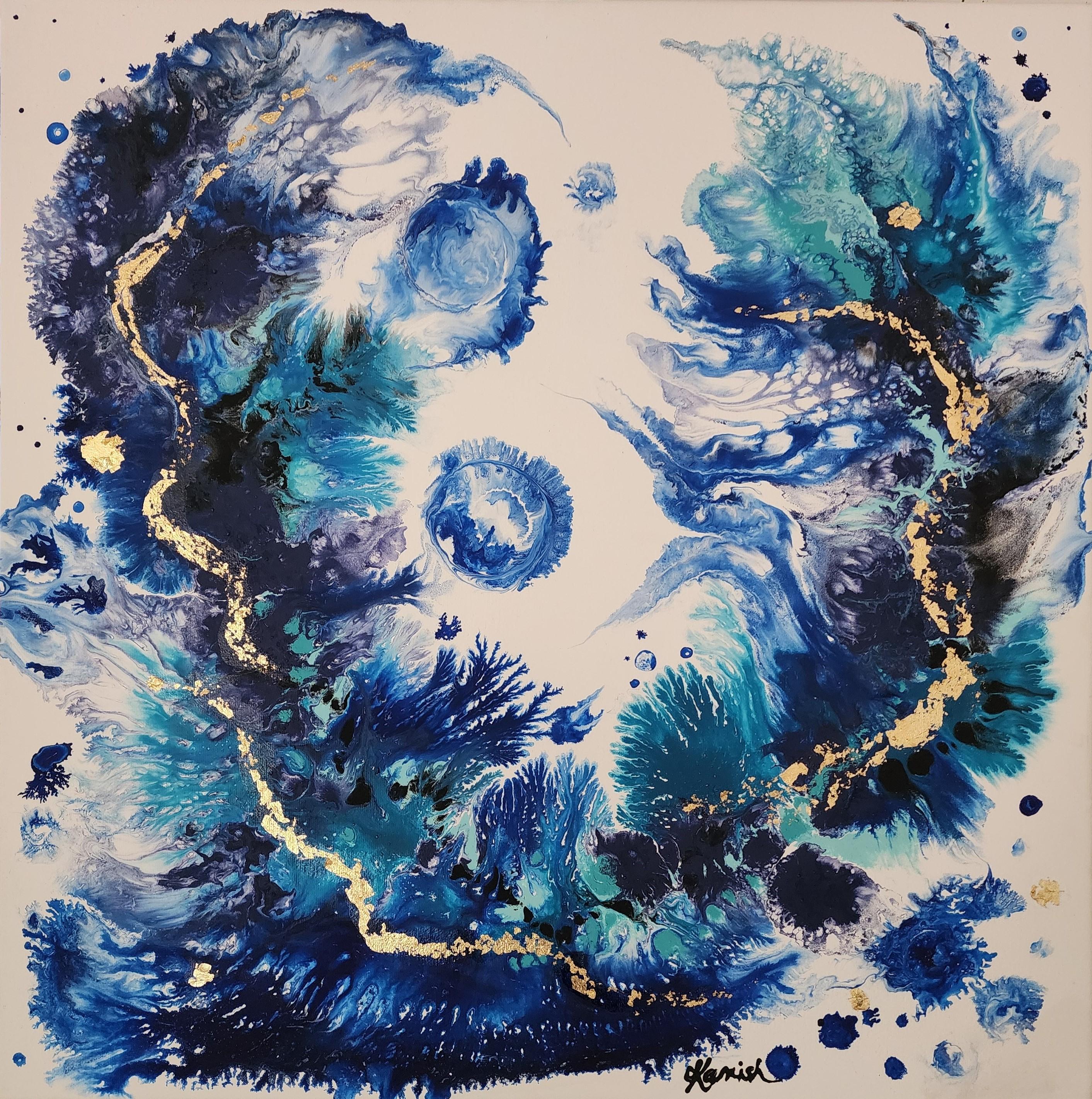 Karnish Art Abstract Painting - Golden Thread Blue Flow Abstract Expression Gilding Calm Ocean Sea Abundance