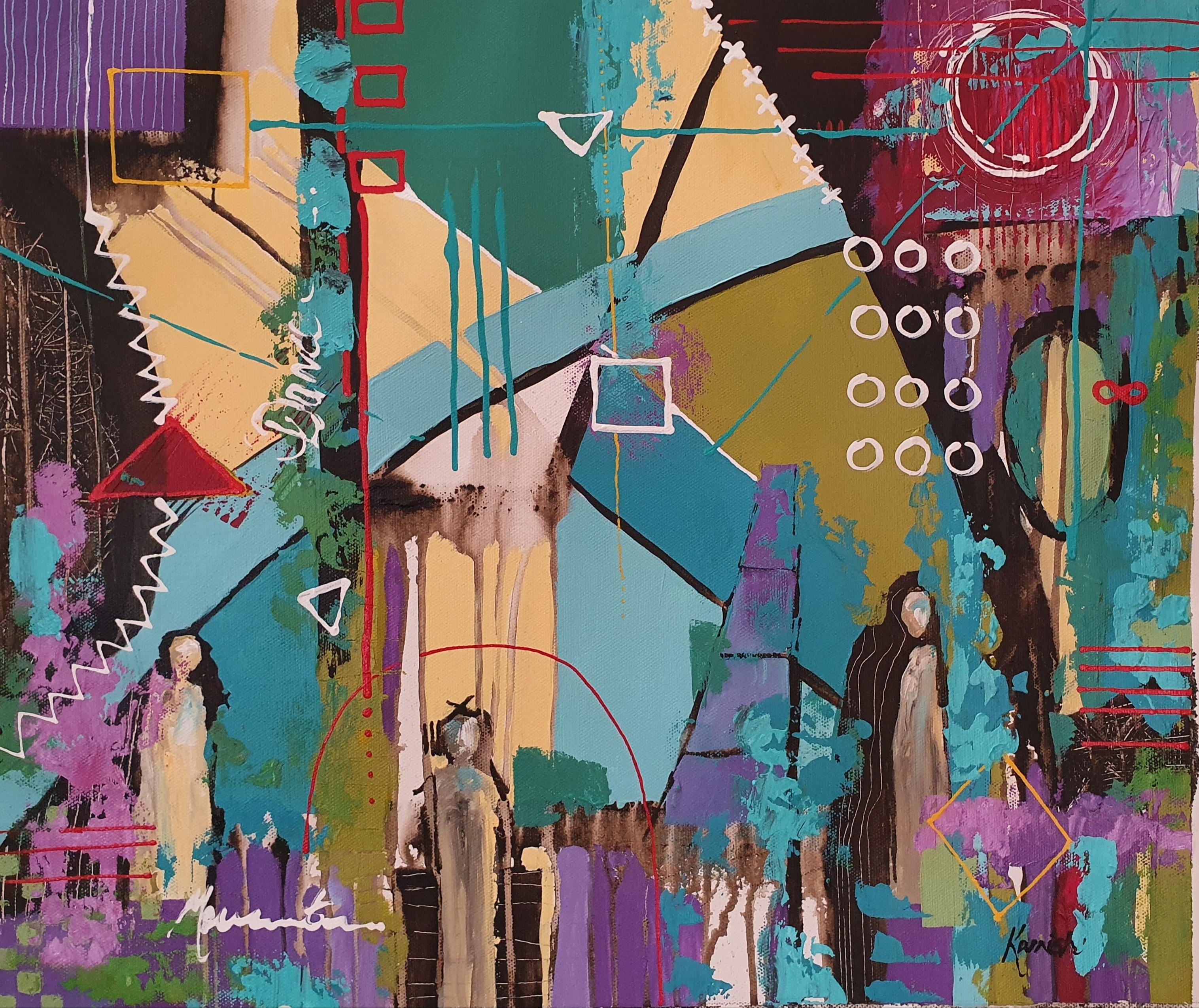 Karnish Art Abstract Painting – Wächter der Bewegung: Maximalismus Abstrakt Kühn Figurativ Einzigartig Kleinformatig