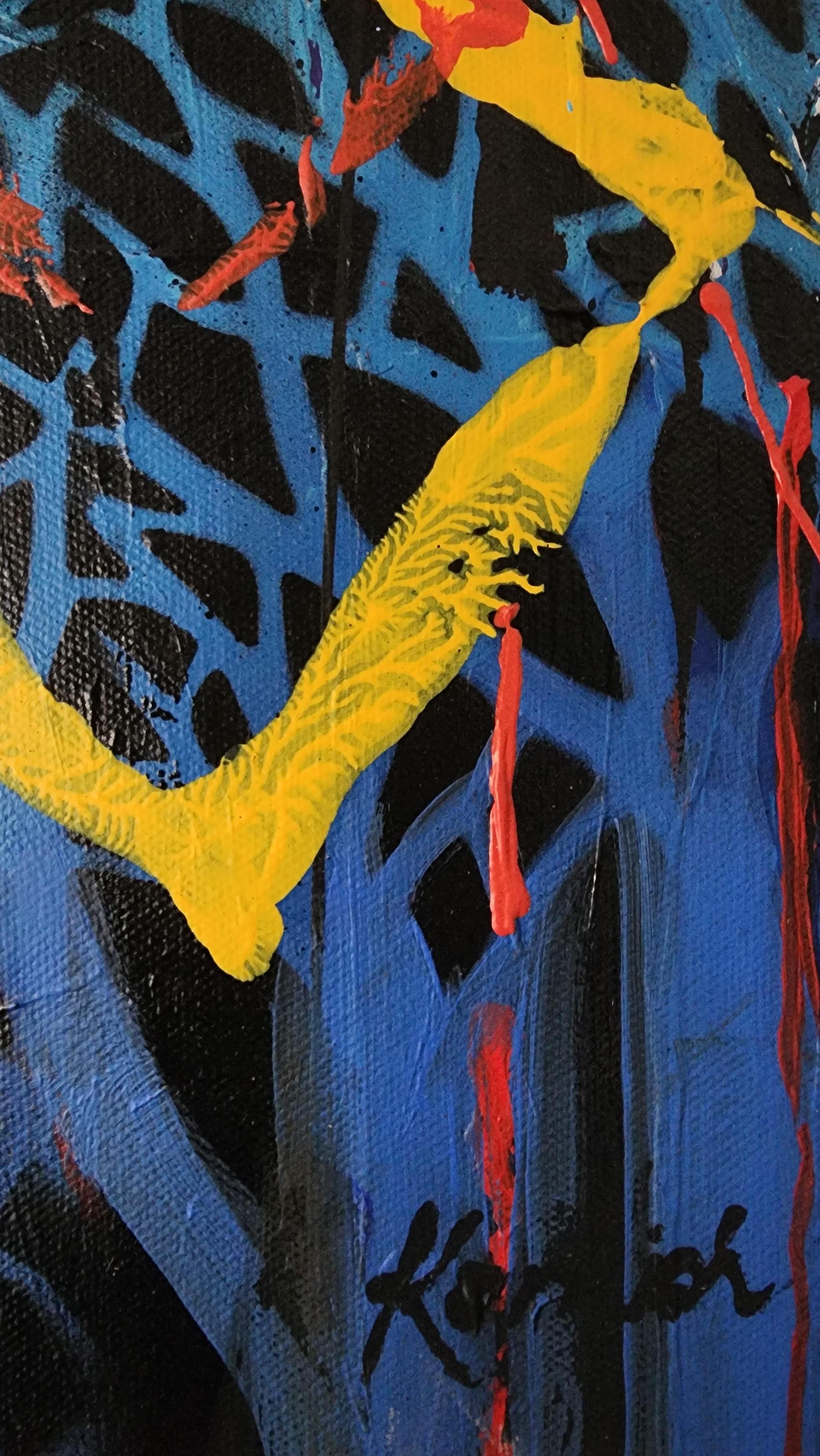 Gioia dell'Umanità - Pittura astratta di centro blu colorata che colpisce la gioia in vendita 8