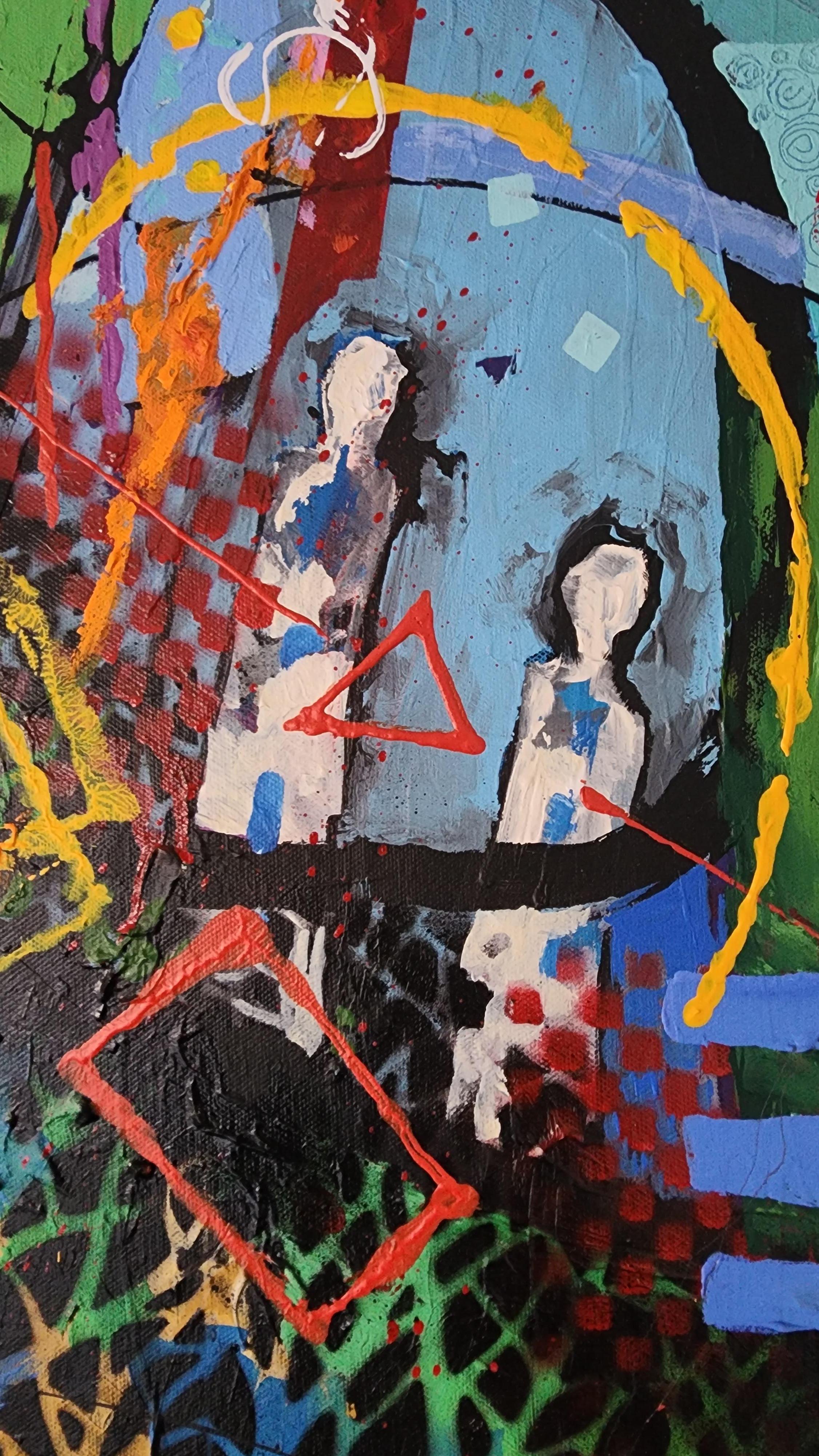 Humanity Joy - Buntes blaues Mittelteil aus abstraktem Invest-Gemälde mit auffälliger Freude – Painting von Karnish Art