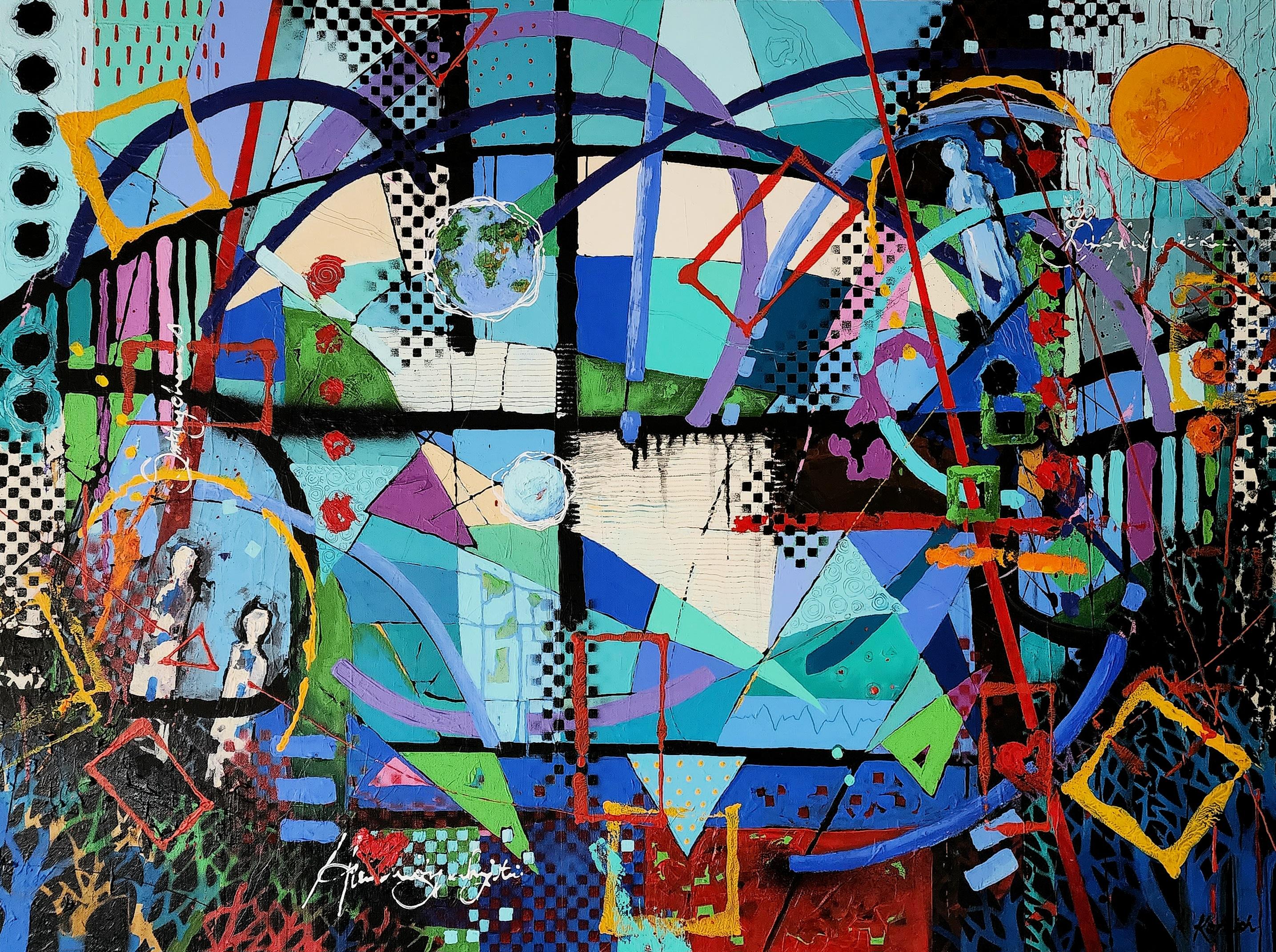 Humanity Joy - Colorful Blue Centre Piece Abstract Invest Painting Striking Joy