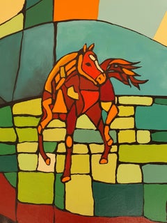 I Am Free - Abstract in Bold colors of orange and red Horses Contemporary