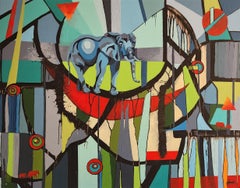 I AM the Kindred Spirit: Extra Large Colorful Abstract Painting Cubism Elephant