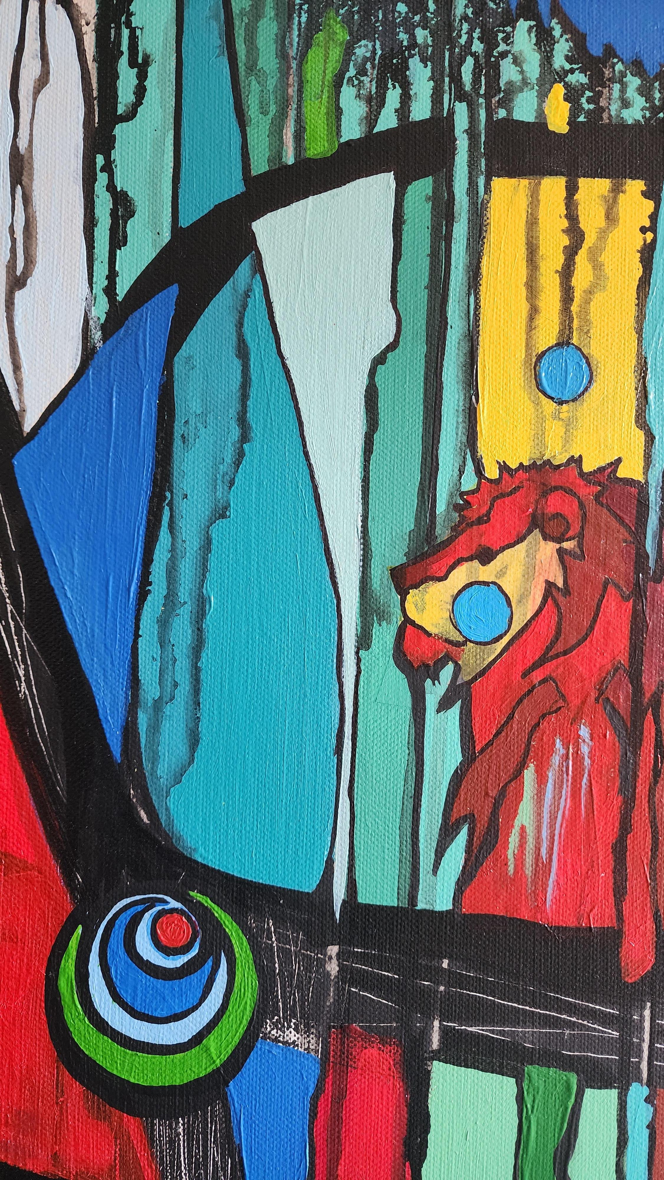 I AM the Quest - Powerful Expressionist Abstract Painting Lion Africa Colorful For Sale 1