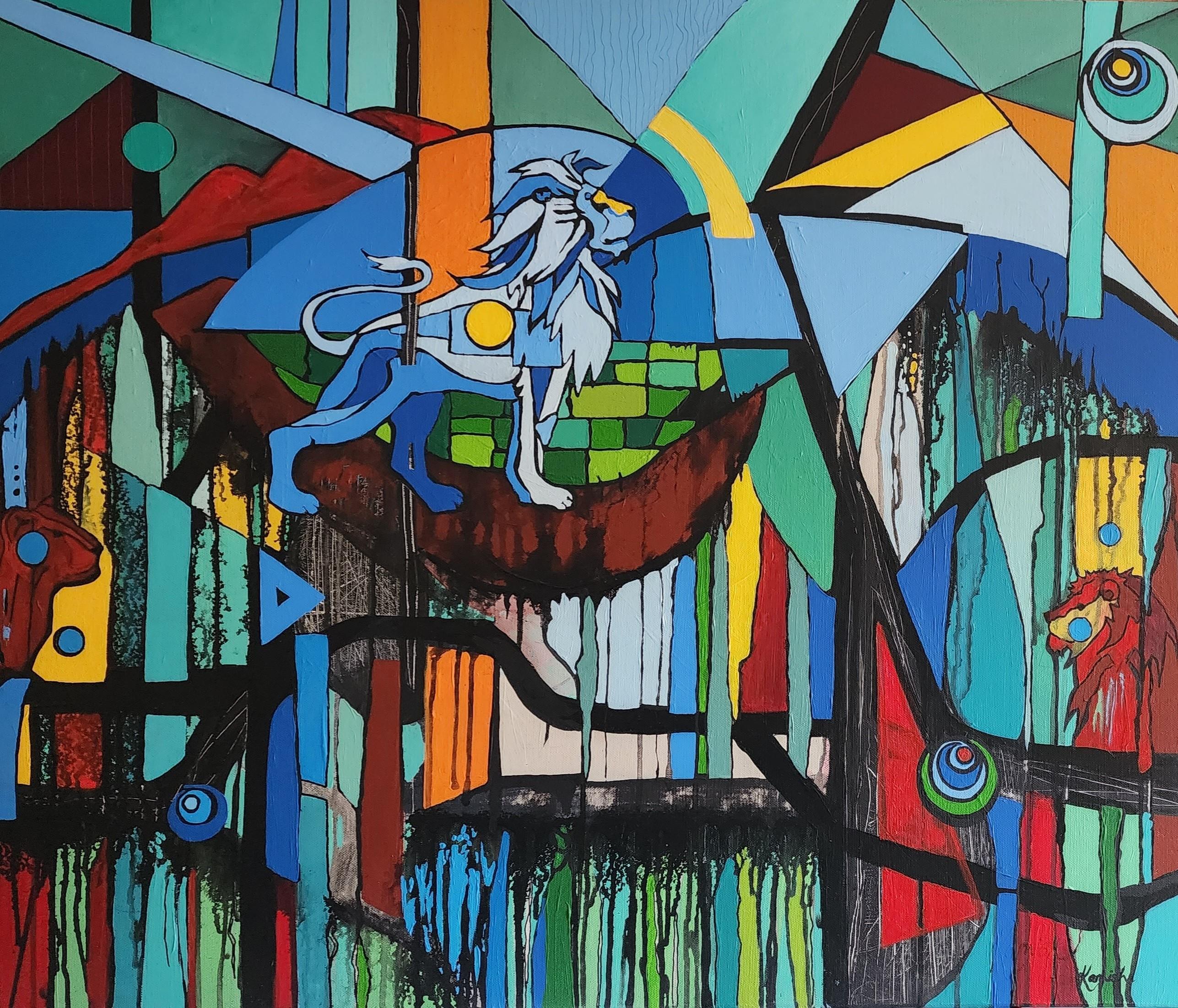 I AM the Quest – kraftvolles abstraktes expressionistisches Gemälde Löwe Afrika, farbenfroh