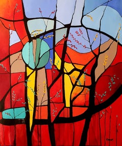 Pittura astratta espressionista Investimento colorato Natura Albero Vibrante Colpo d'occhio