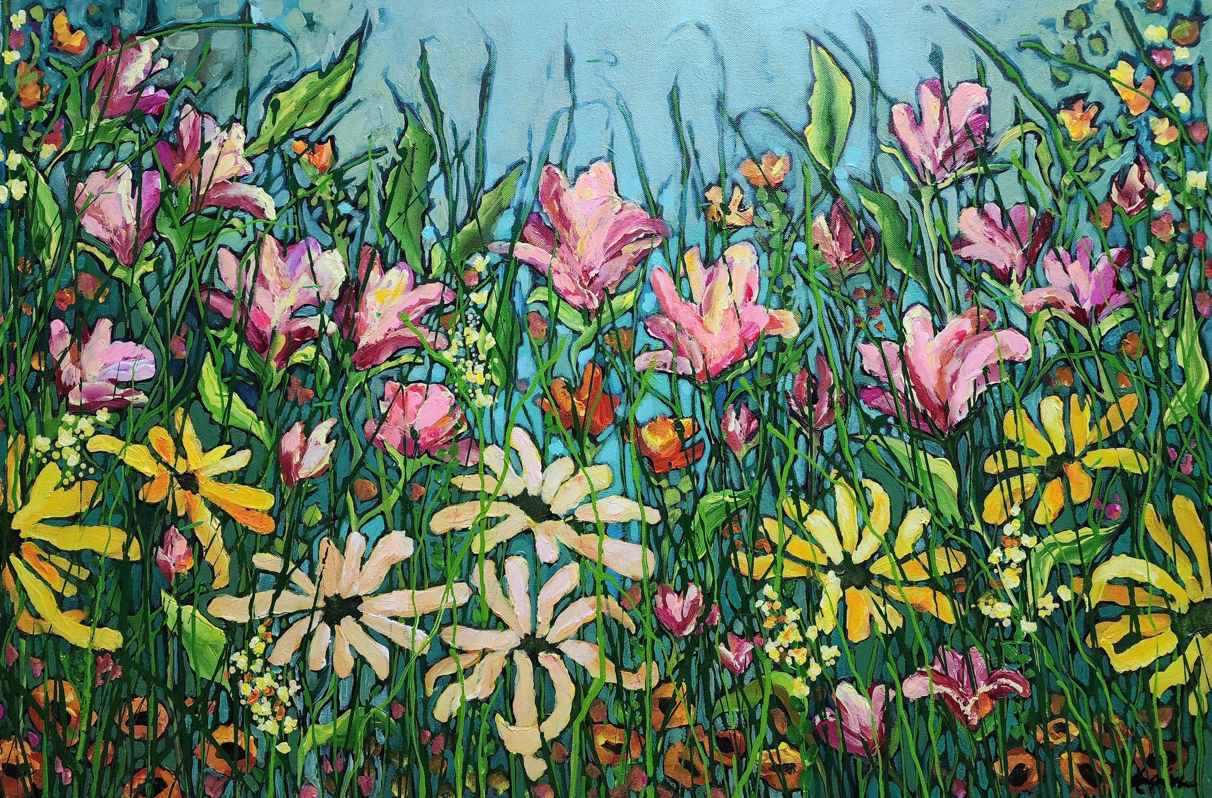 Landscape Painting Karnish Art - Je t'ai rencontré cet été : grande peinture originale représentant un paysage floral, pièce unique