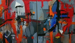 Interconnected - Bold Abstract Masculine Red Blue Grey Diptych Detail Texture