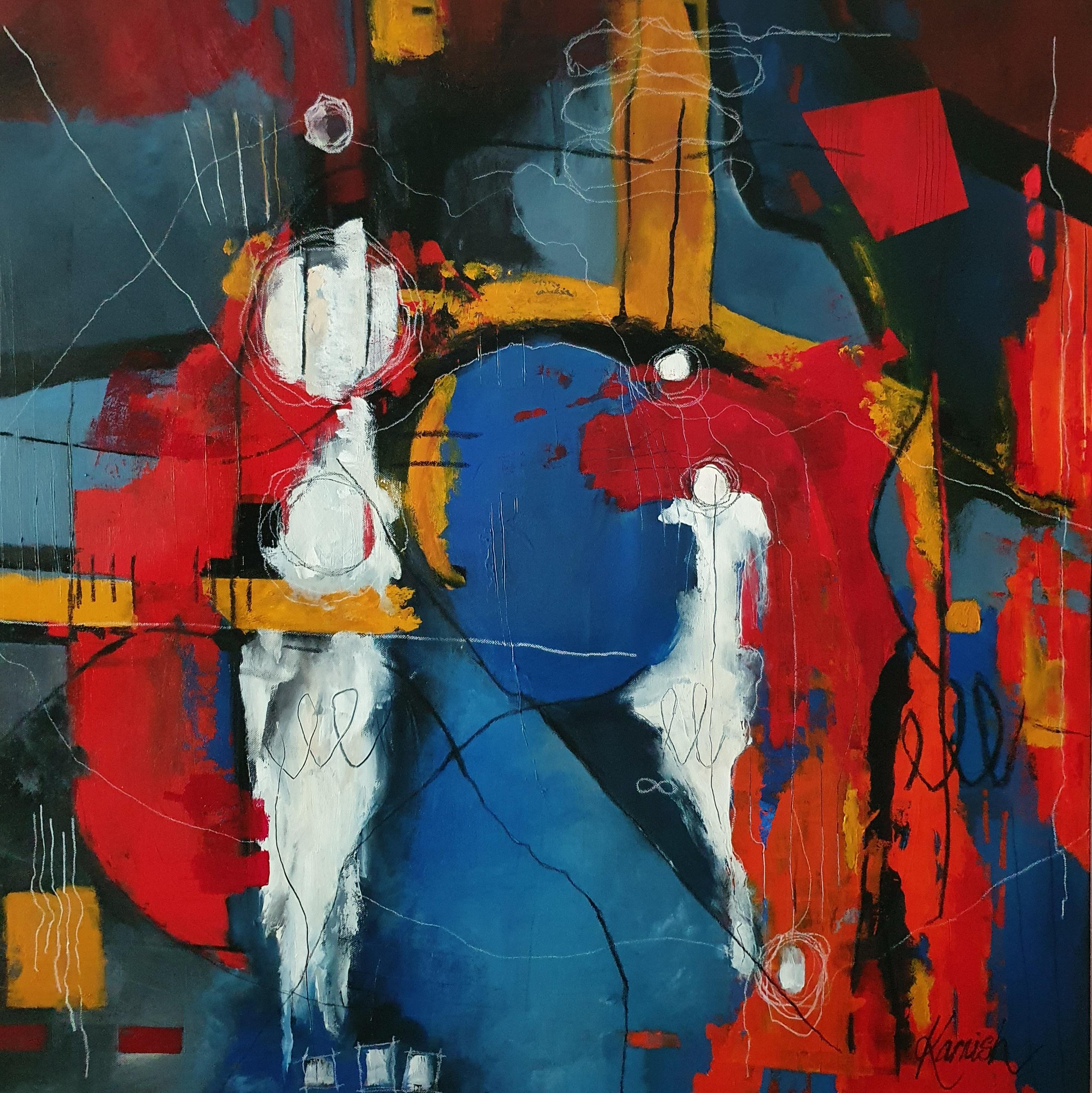 Title: Interconnected Dance

Abstract Masculine Contemporary Grey Red Yellow Blue Detail Texture Bold Colors Modern

This series expresses our unity and our interconnectedness. We are dancing to a traverse tune - and travel and move across our