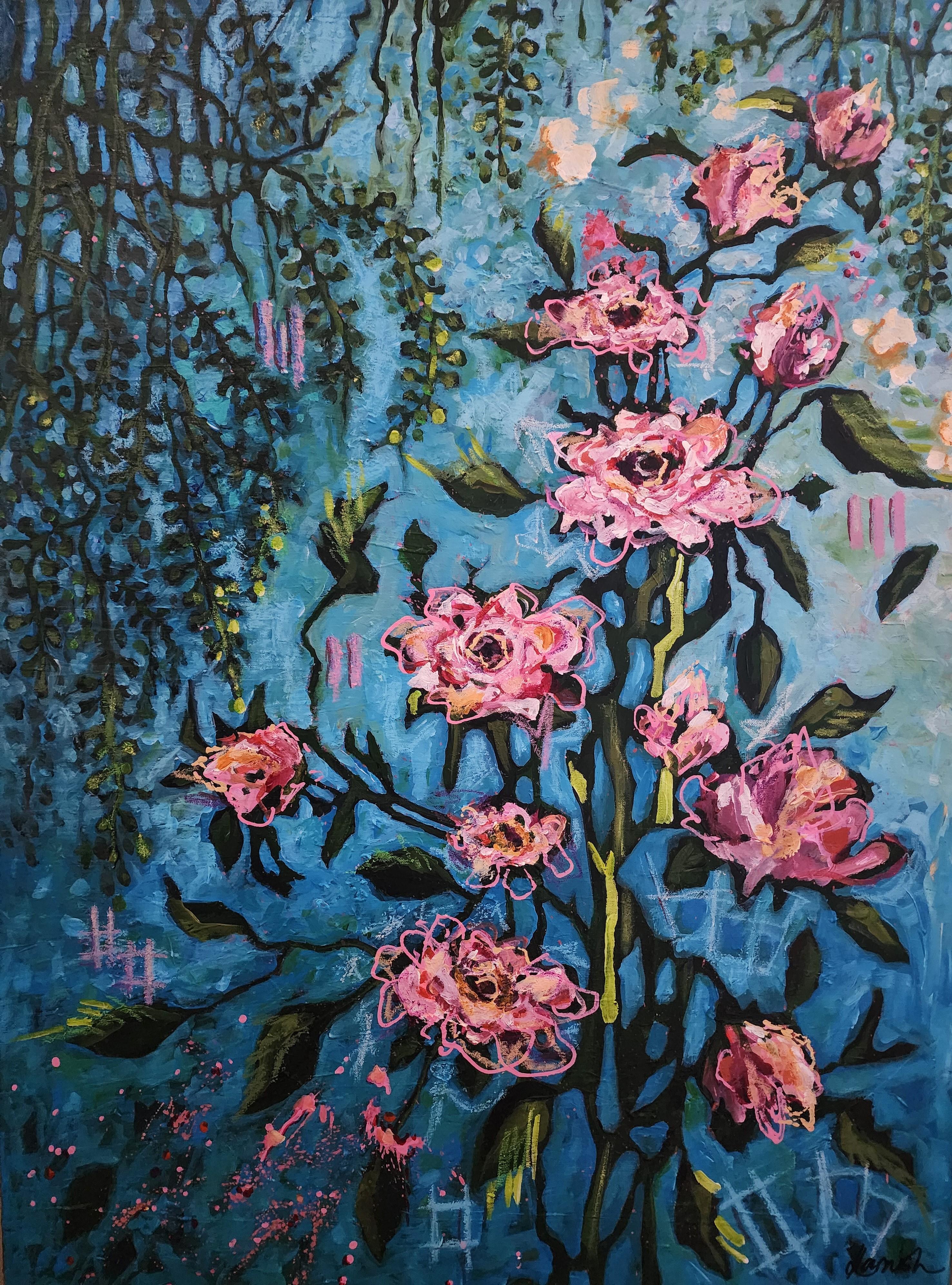 Landscape Painting Karnish Art - Moody Blues en fleurs : Grande peinture abstraite, florale, 101x76 cm