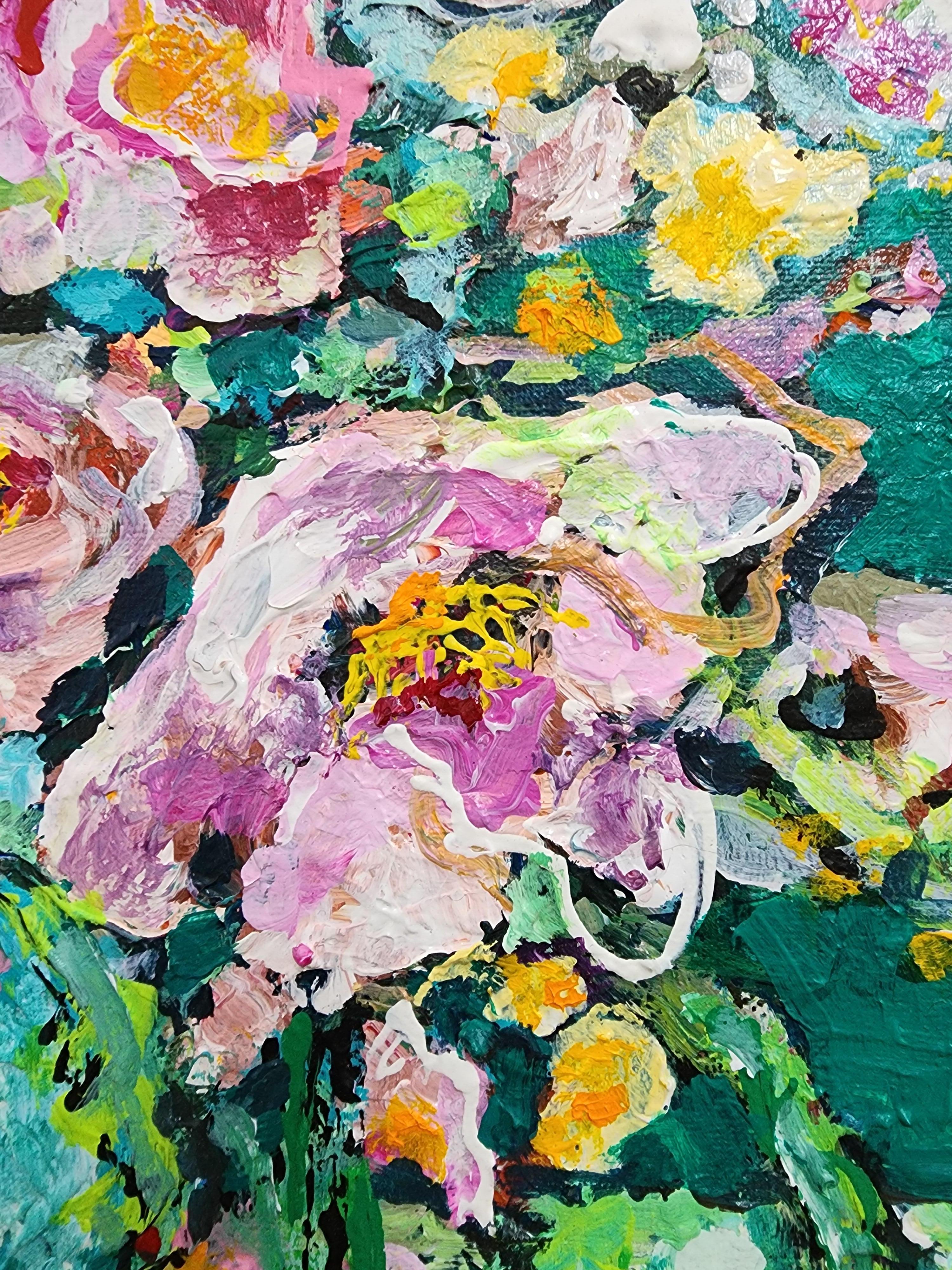 Mon bouquet en rose - Enthousiasme floral doux Focal Quiet Flowers Mother Earth - Expressionnisme abstrait Painting par Karnish Art