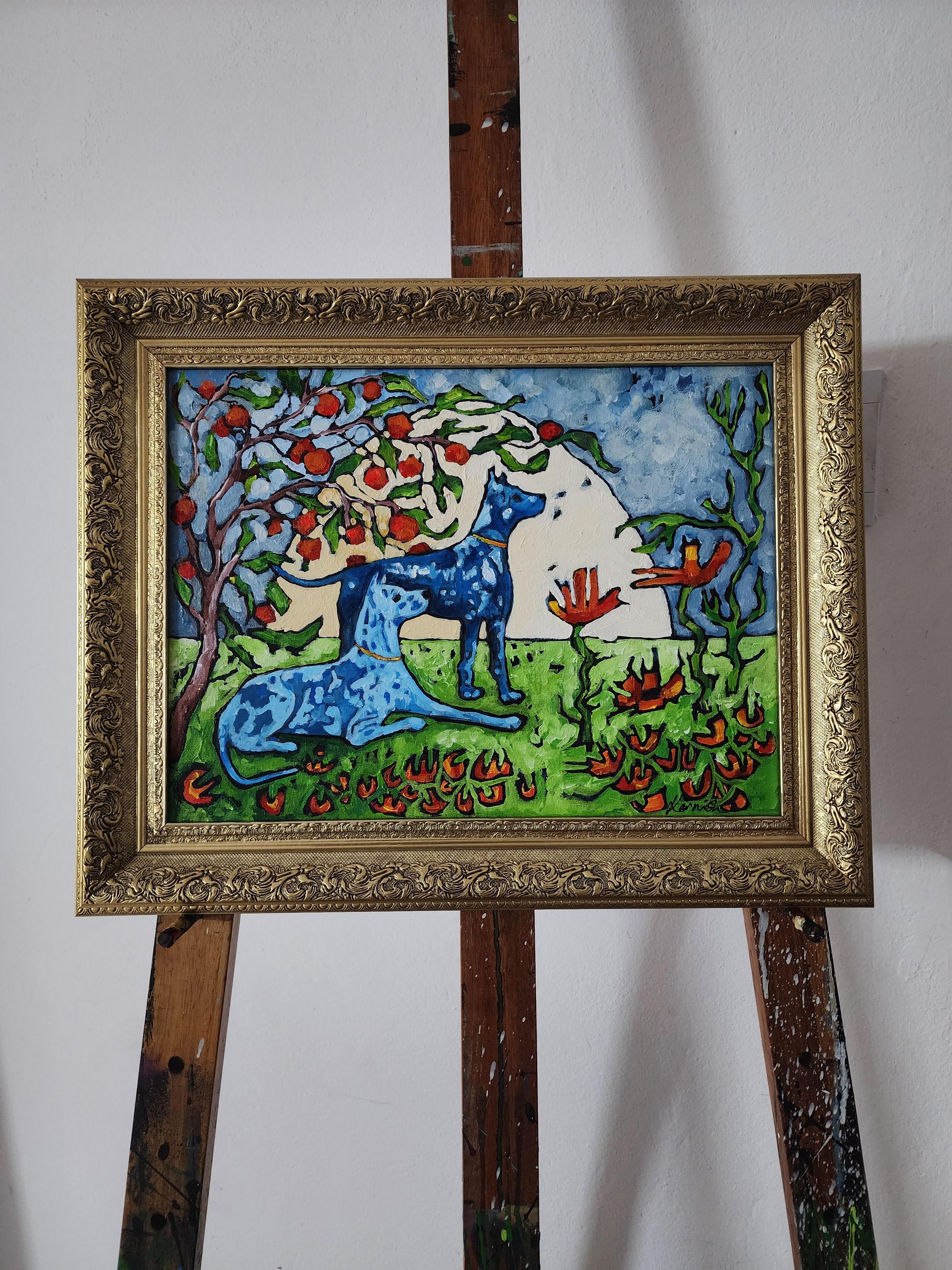 Gemälde Tier Hunde Modern Gold Zeitgenössisch Auffallend Investieren Energie Dogge (Abstrakter Expressionismus), Painting, von Karnish Art