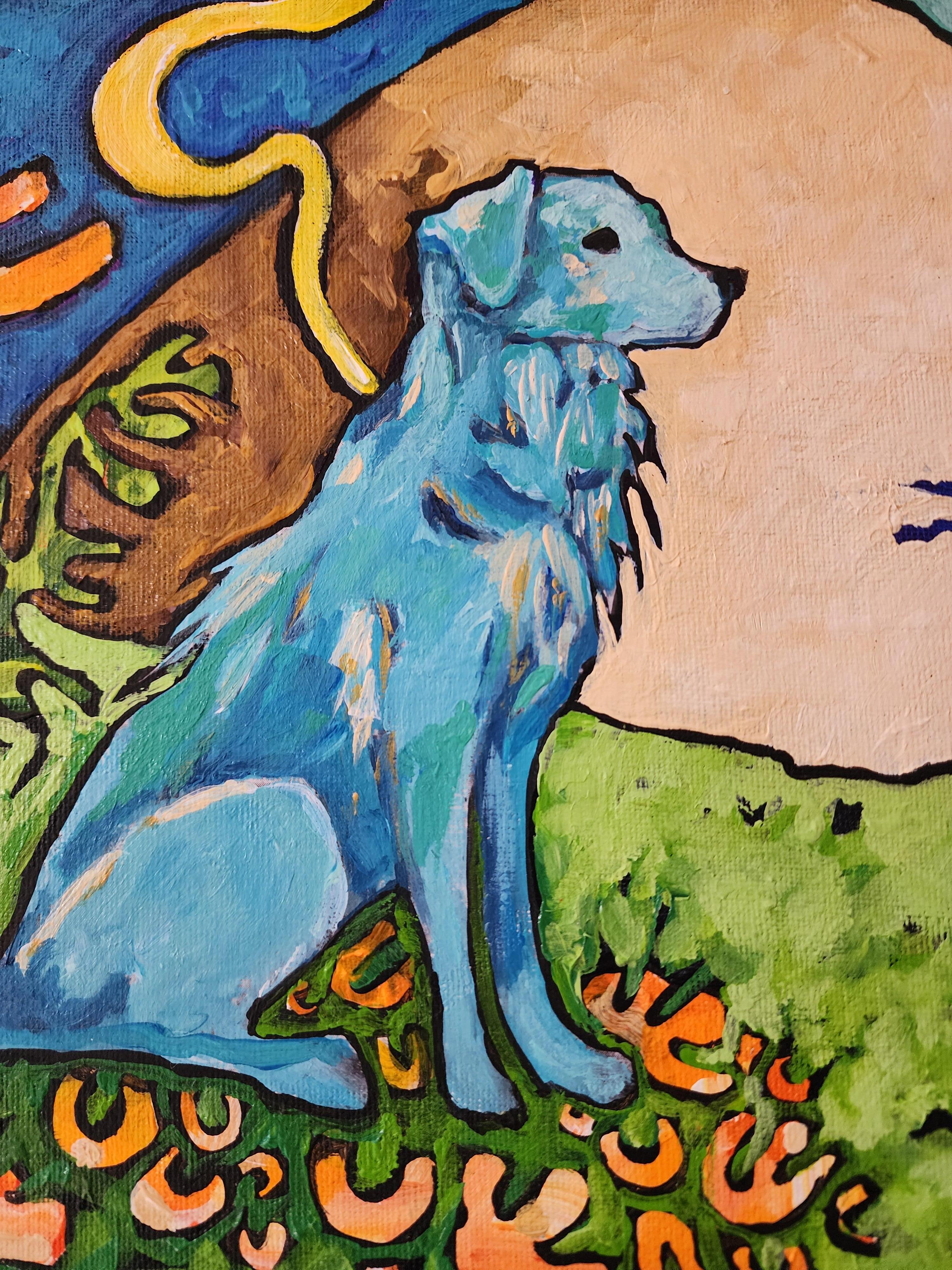 Peinture Chien Bleu Classique Or Contemporain Nature Abstrait Sérénité Investir Joie en vente 6