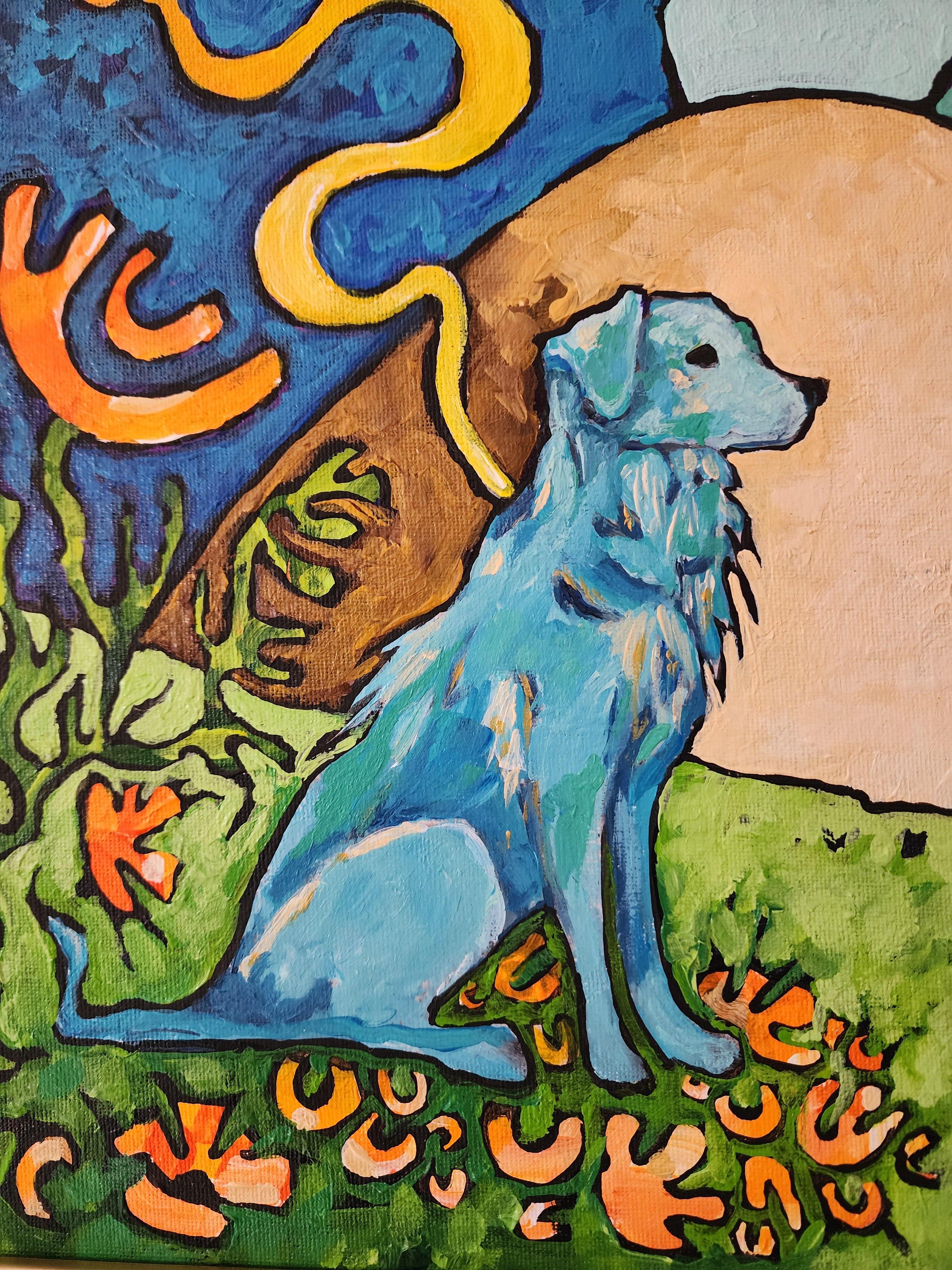 Peinture Chien Bleu Classique Or Contemporain Nature Abstrait Sérénité Investir Joie en vente 12
