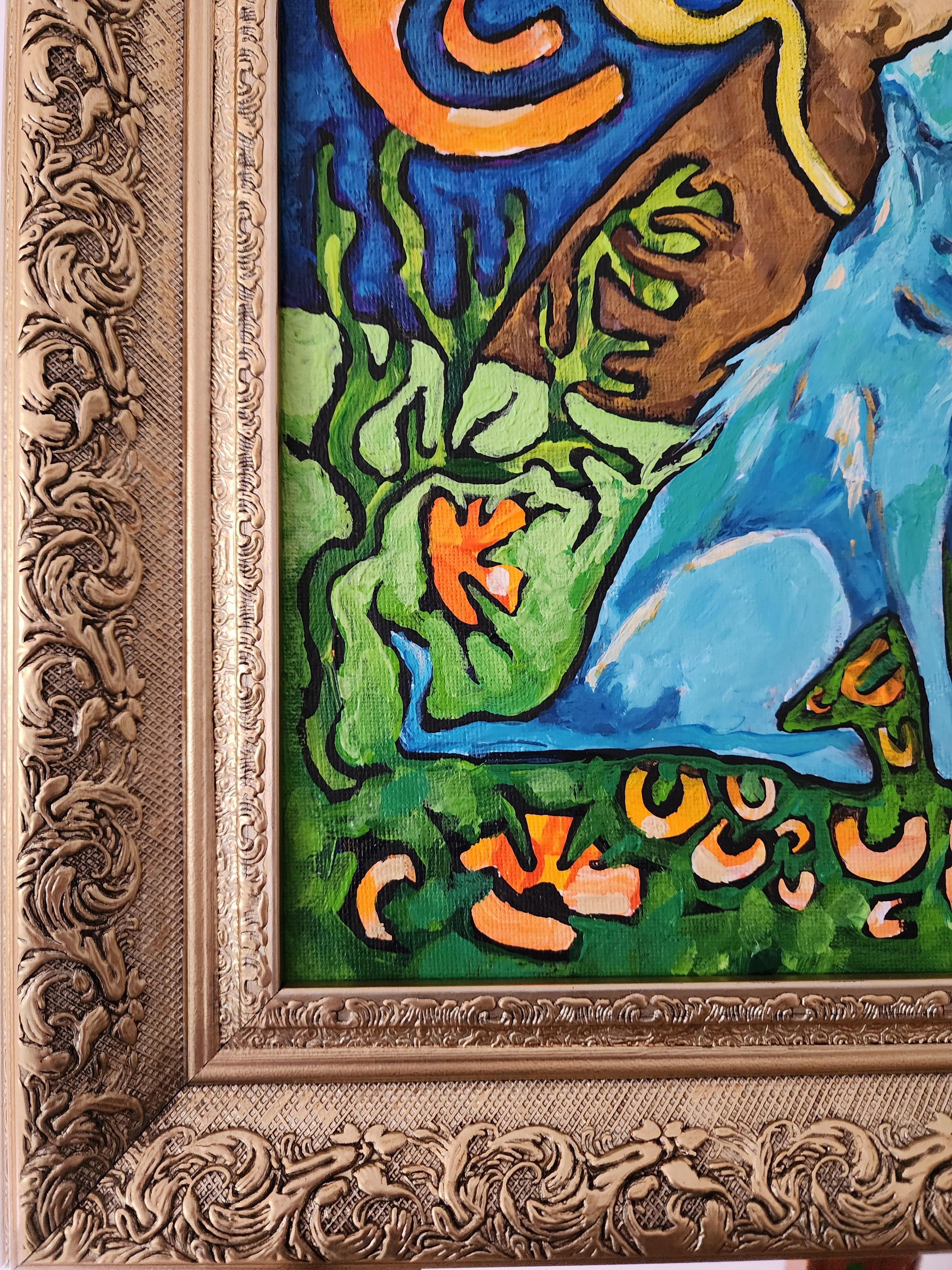 Peinture Chien Bleu Classique Or Contemporain Nature Abstrait Sérénité Investir Joie - Painting de Karnish Art