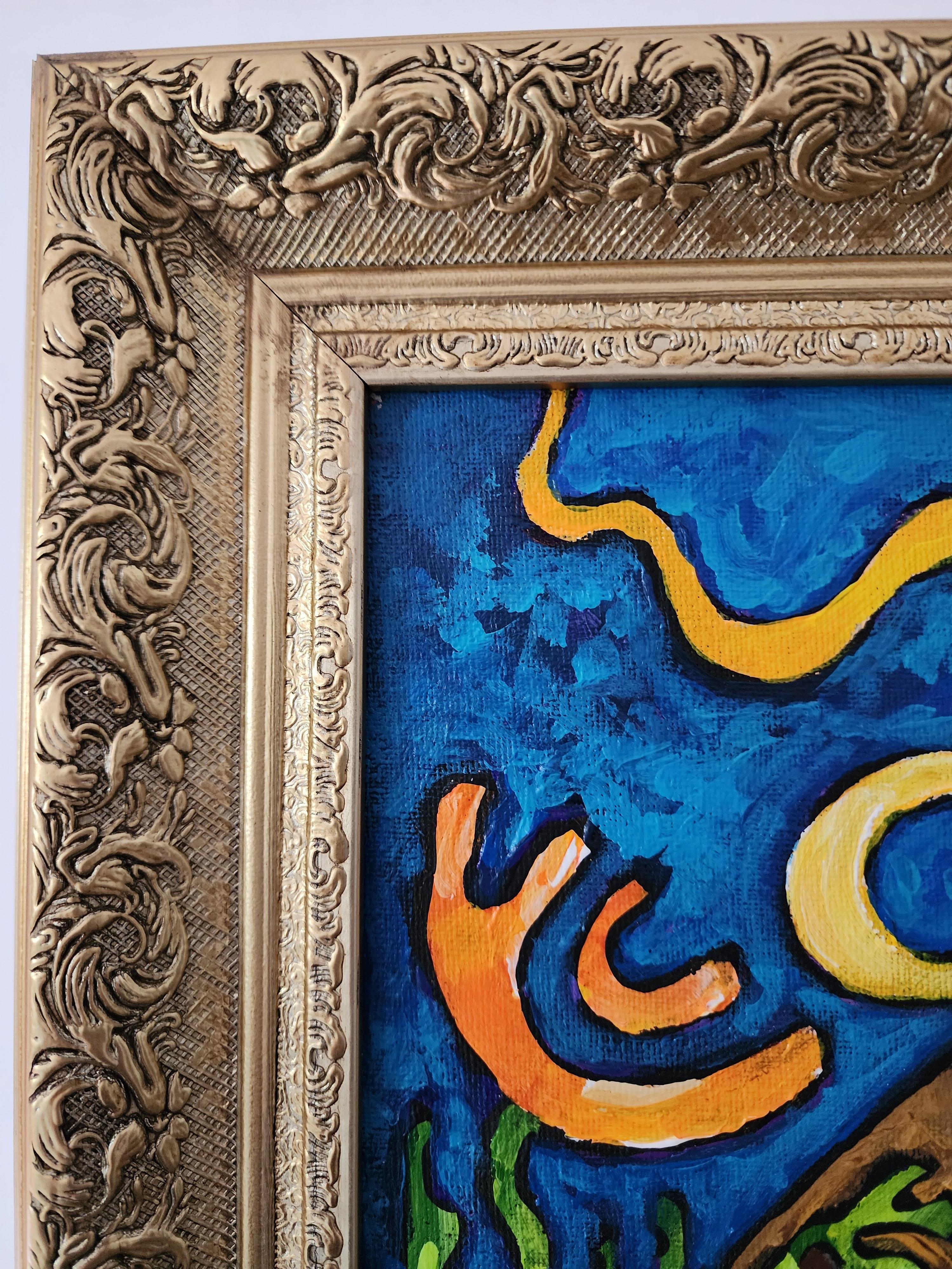 Peinture Chien Bleu Classique Or Contemporain Nature Abstrait Sérénité Investir Joie - Expressionnisme abstrait Painting par Karnish Art