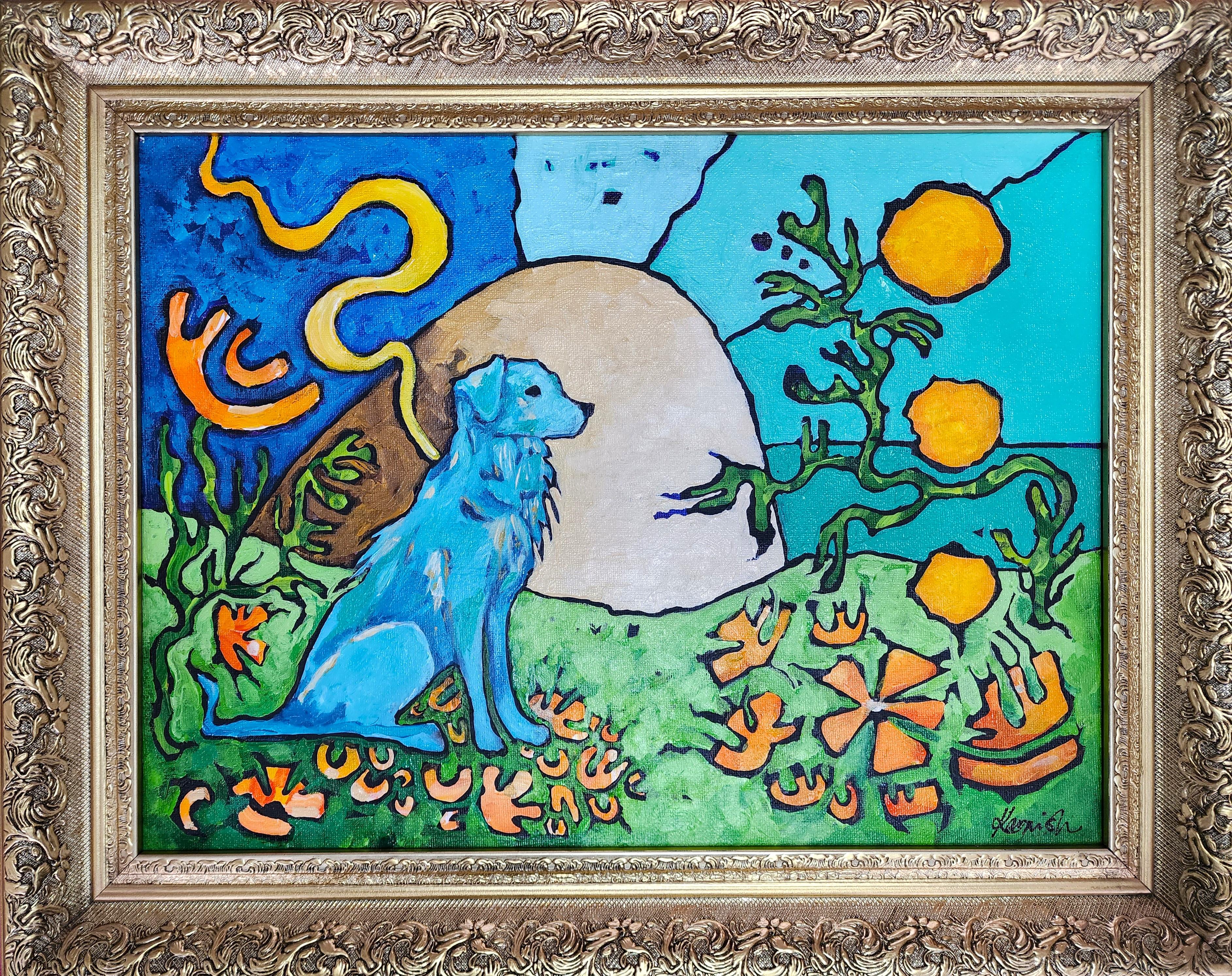 Abstract Painting Karnish Art - Peinture Chien Bleu Classique Or Contemporain Nature Abstrait Sérénité Investir Joie