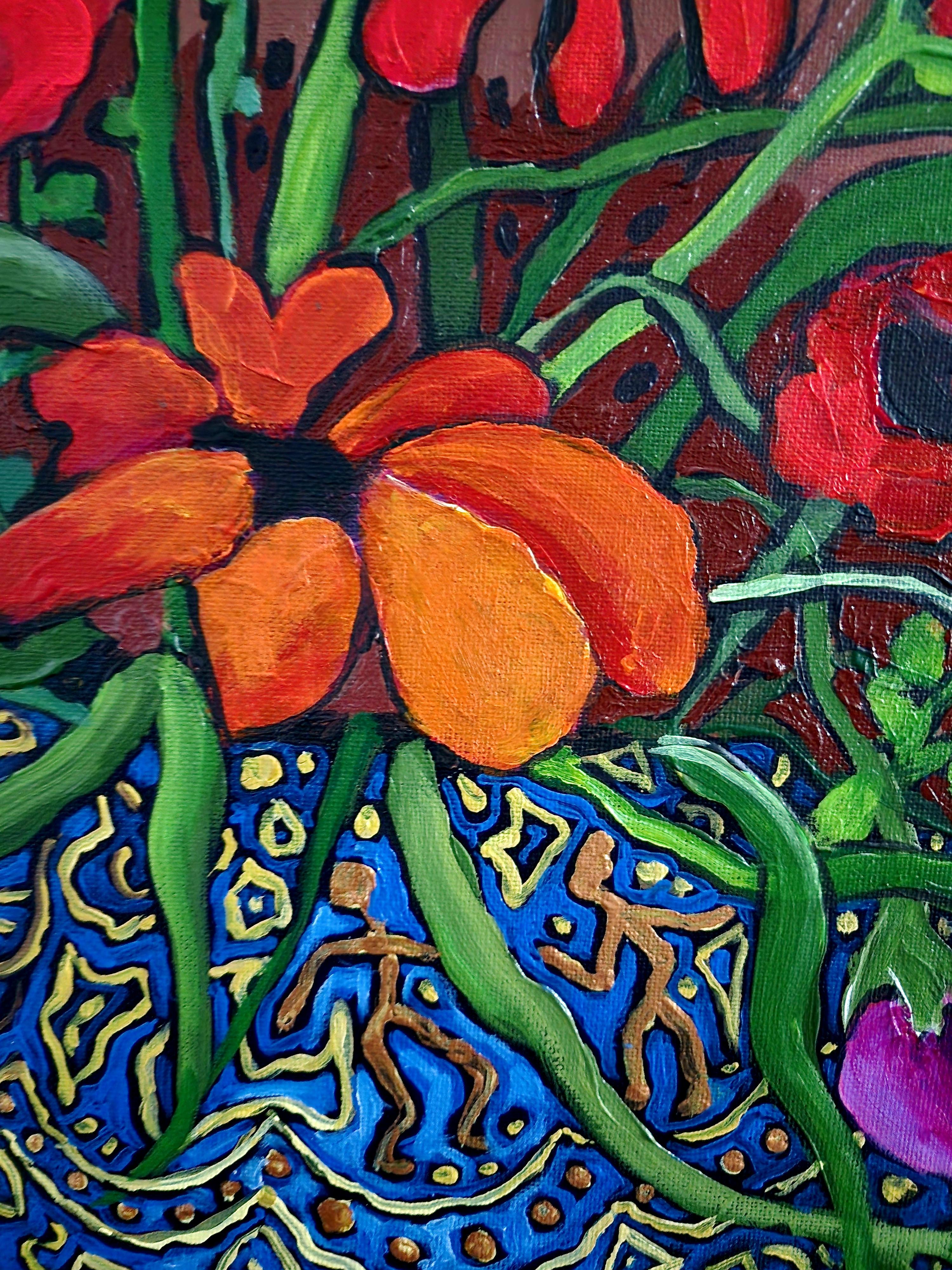 Gemälde Blumenstrauß Gold Fine art Investment Bunte Blumen Contemporary – Painting von Karnish Art