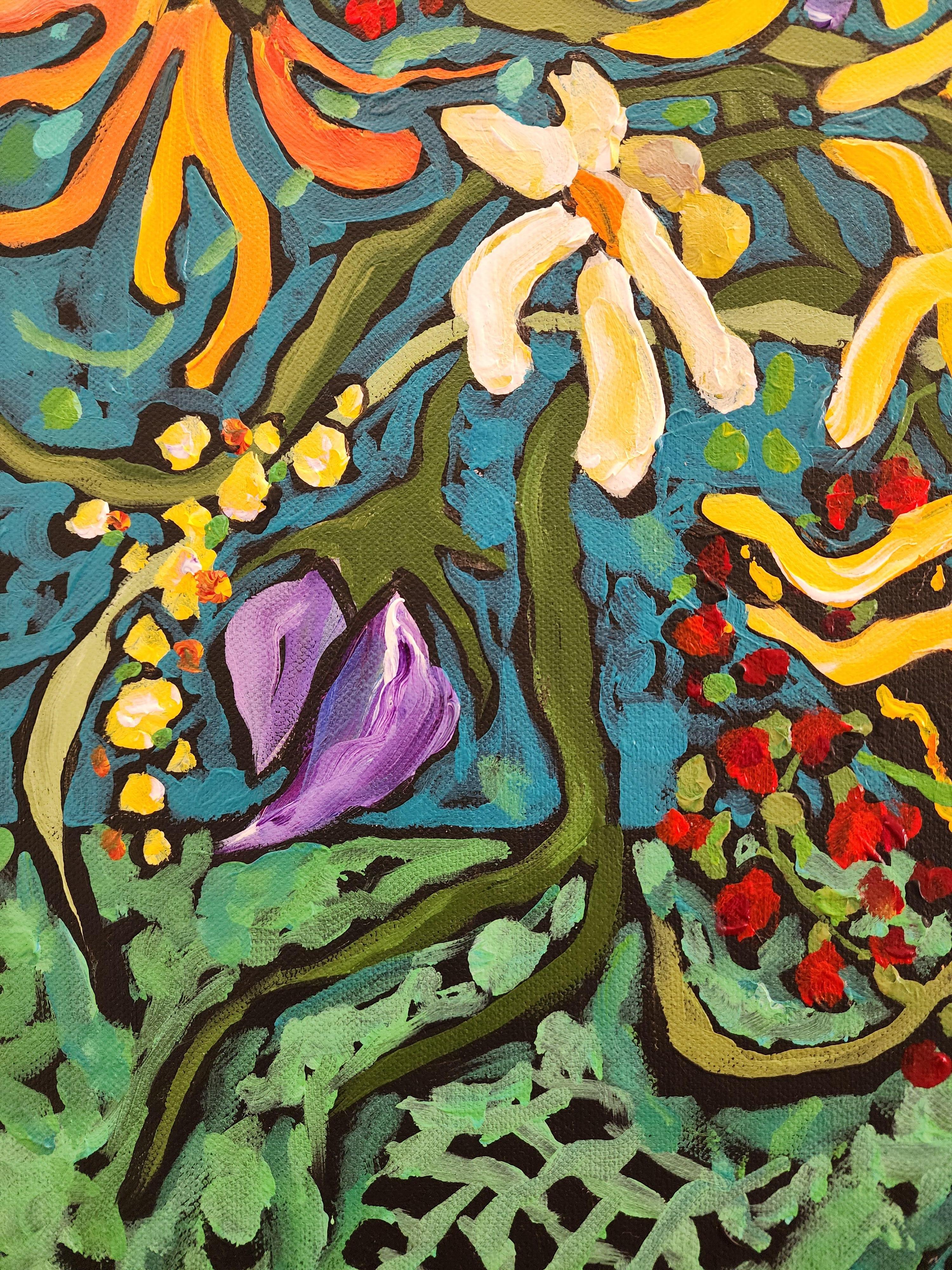 Painting Floral Bouquet Gold Fine art Investment Colorful Flowers Contemporary - Black Still-Life Painting by Karnish Art