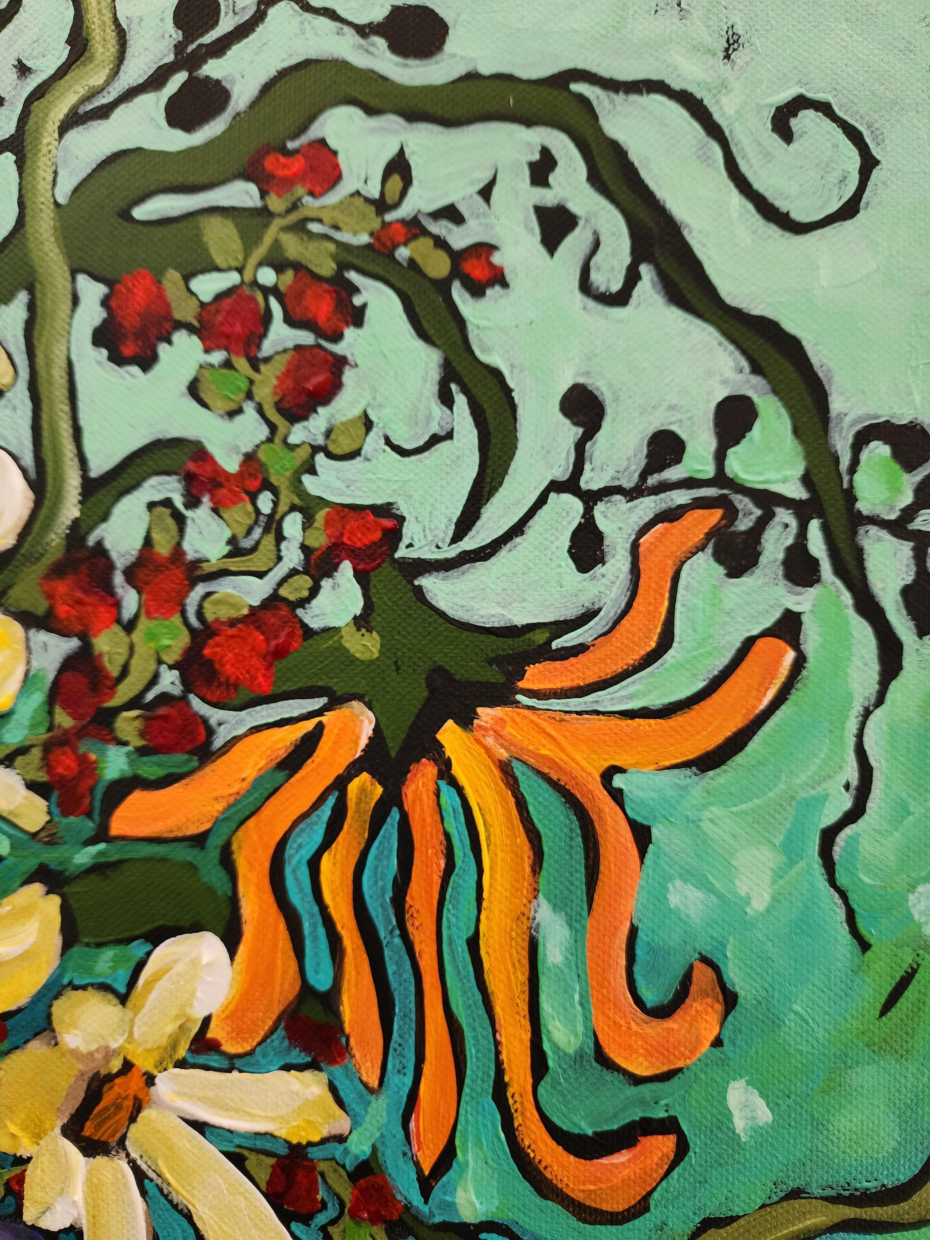 Painting Floral Bouquet Gold Fine art Investment Colorful Flowers Contemporary For Sale 1