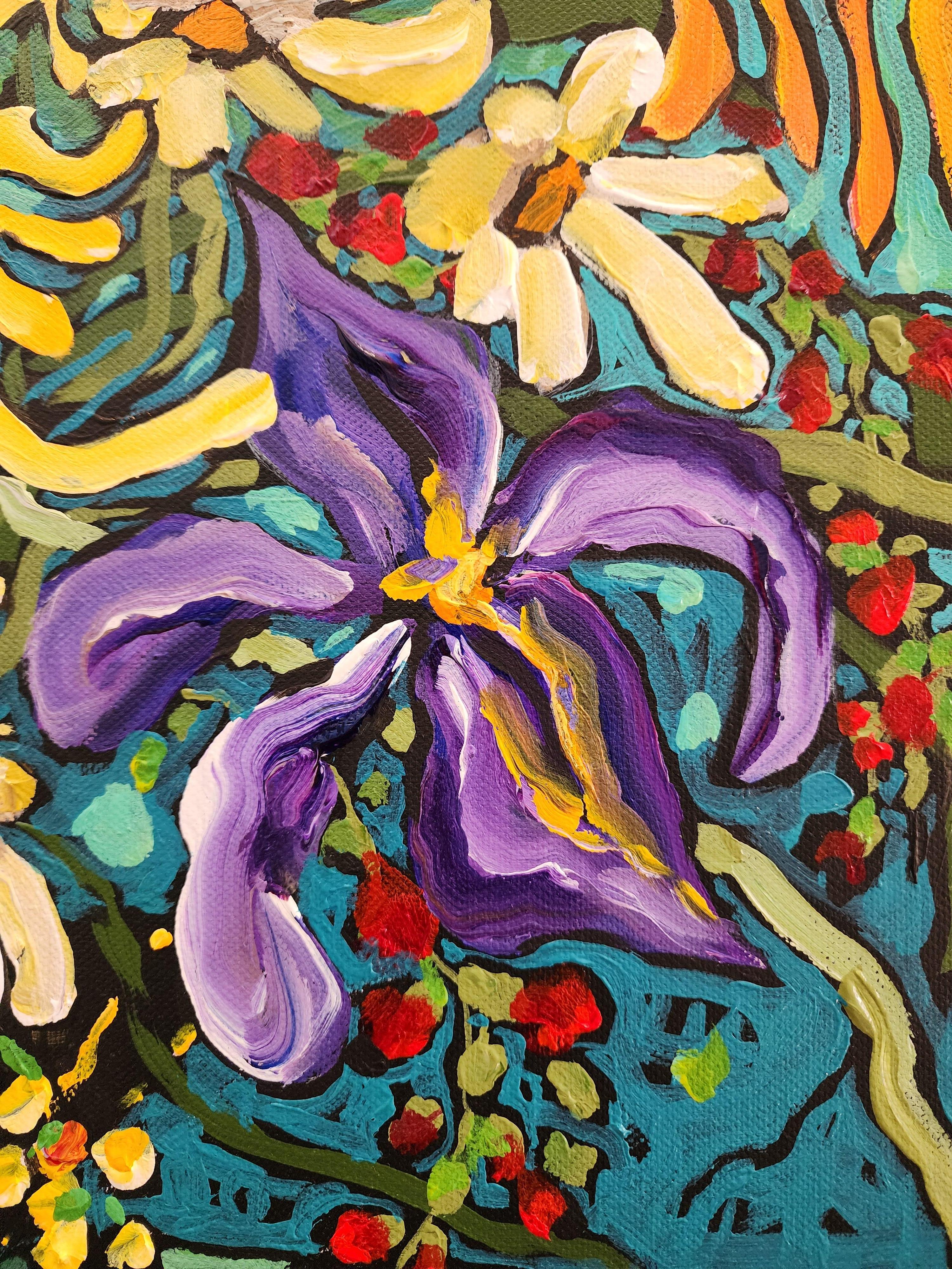 Painting Floral Bouquet Gold Fine art Investment Colorful Flowers Contemporary For Sale 2