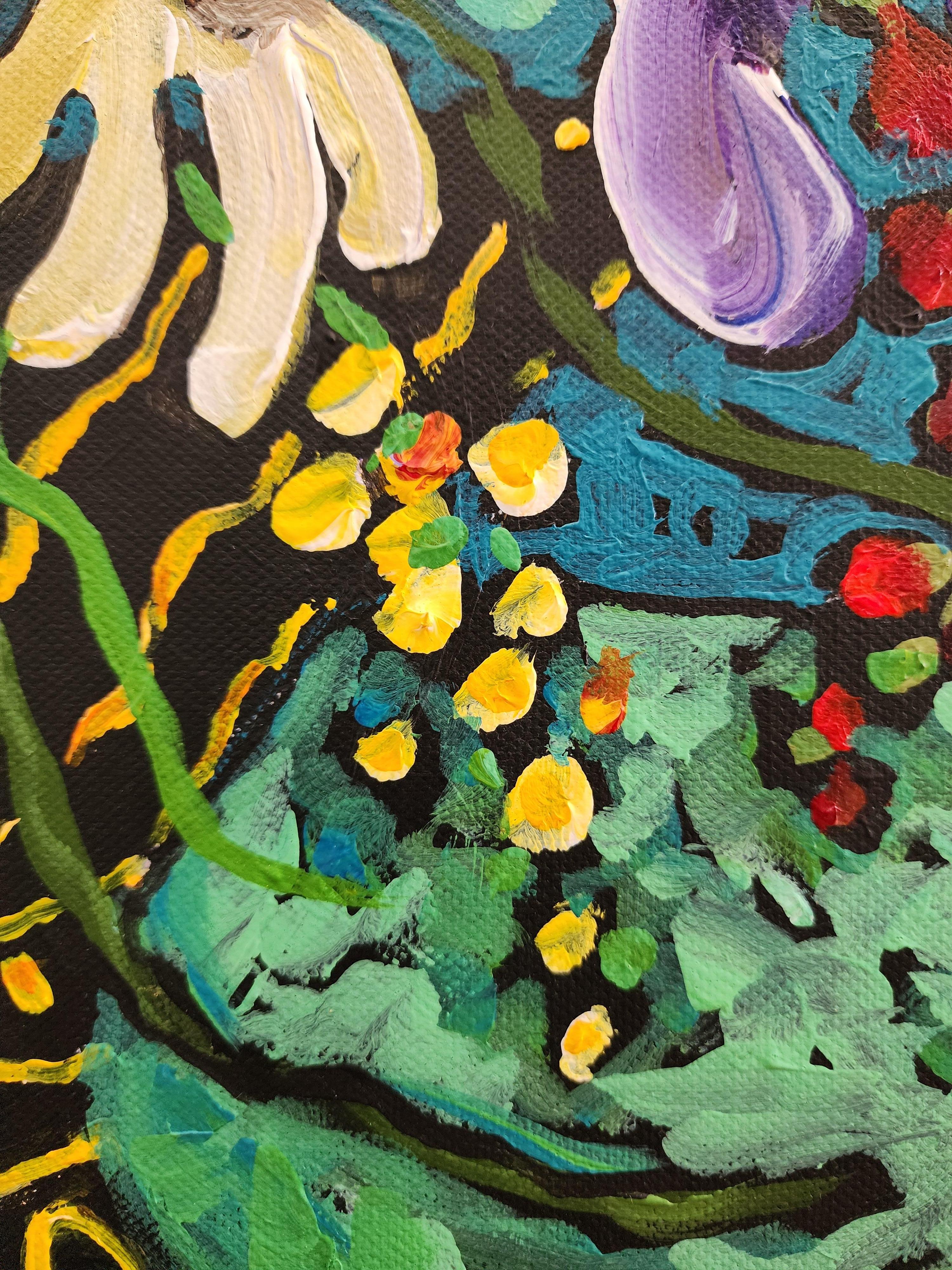 Painting Floral Bouquet Gold Fine art Investment Colorful Flowers Contemporary For Sale 3