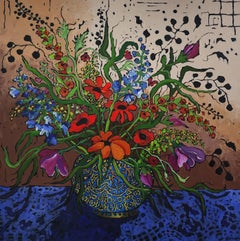 Painting Floral Bouquet Gold Fine art Investment Colorful Flowers Contemporary