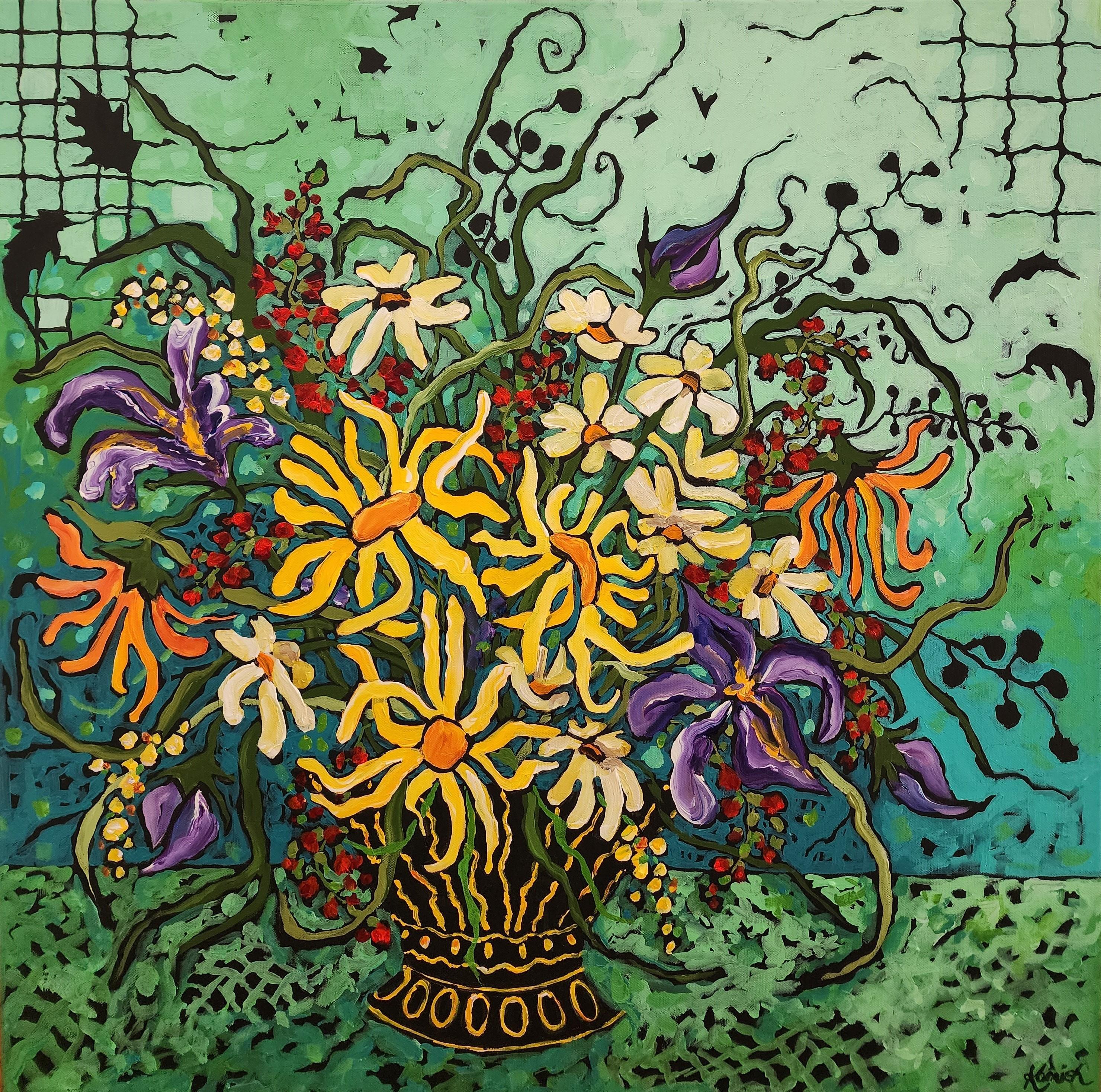 Painting Floral Bouquet Gold Fine art Investment Colorful Flowers Contemporary