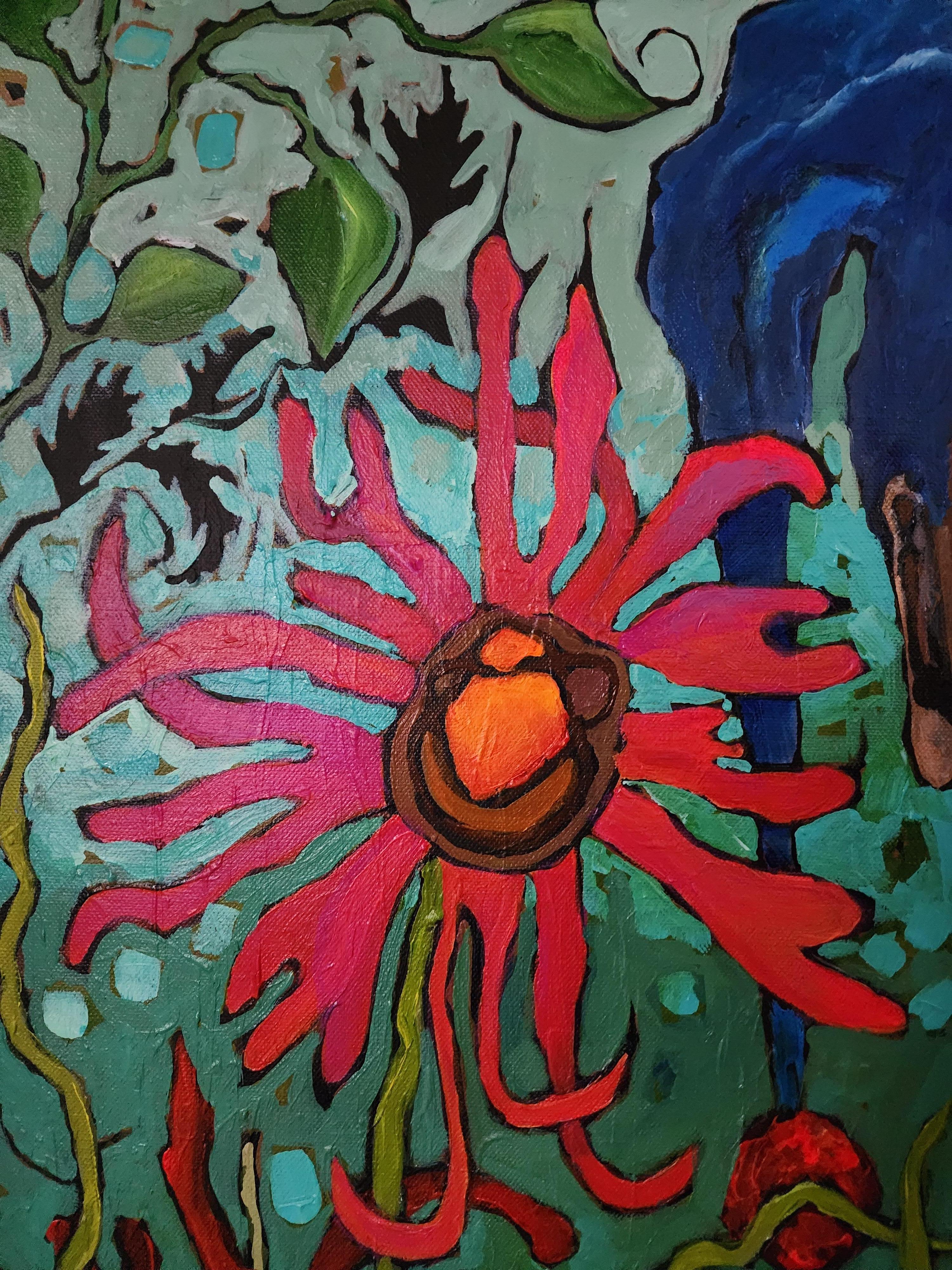 Retrato Pintura Atrevida Sabiduría Maximalismo Declaración Contemporáneo Abstracto Flor - Still-Life Painting Negro de Karnish Art