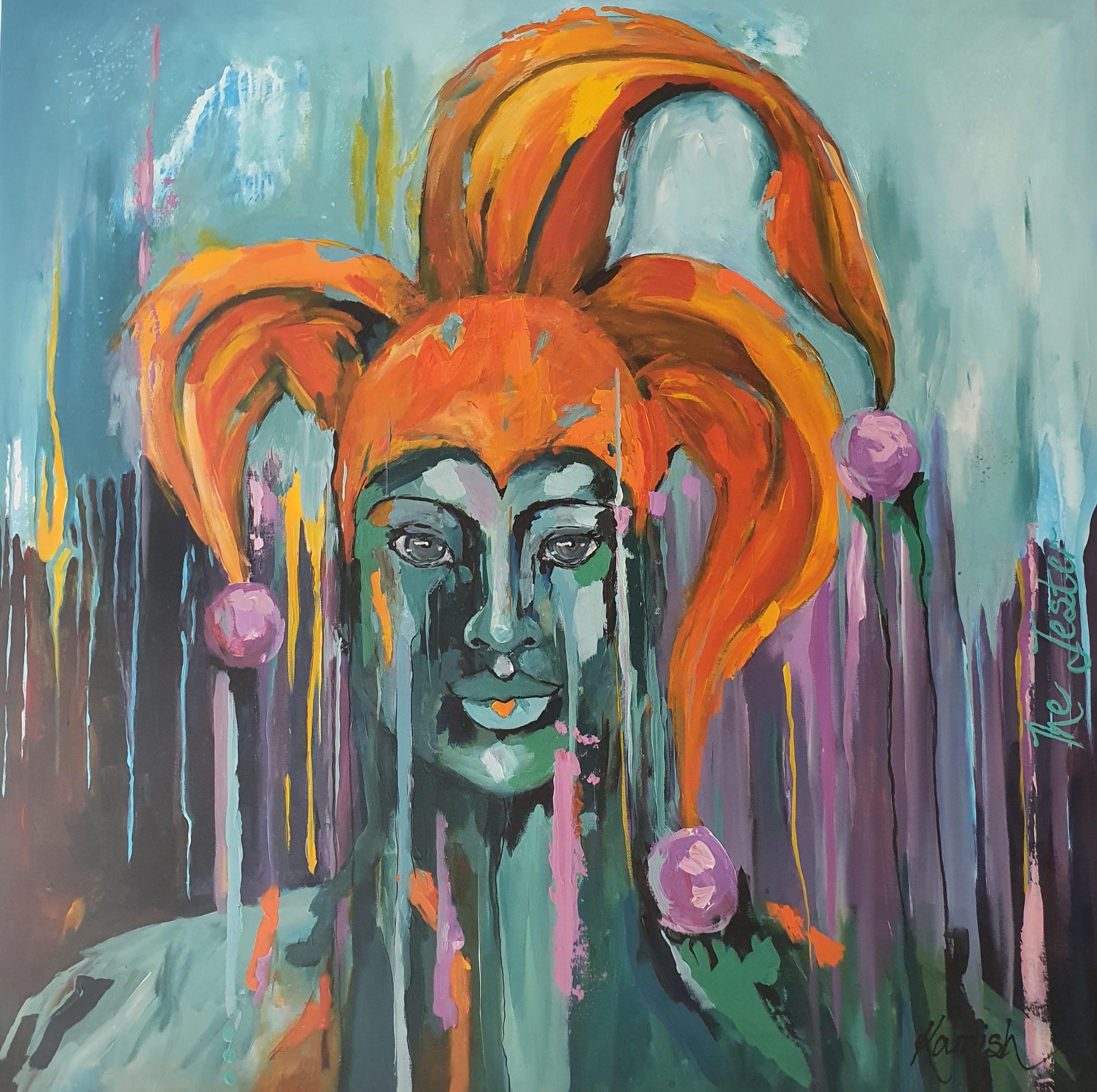 Abstract Painting di Karnish Art - Ritratto dipinto Giullare Blu Arancione Contemporaneo Moderno Intenso Gioioso Investire