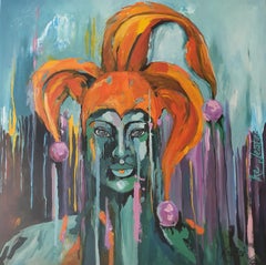 Ritratto dipinto Giullare Blu Arancione Contemporaneo Moderno Intenso Gioioso Investire