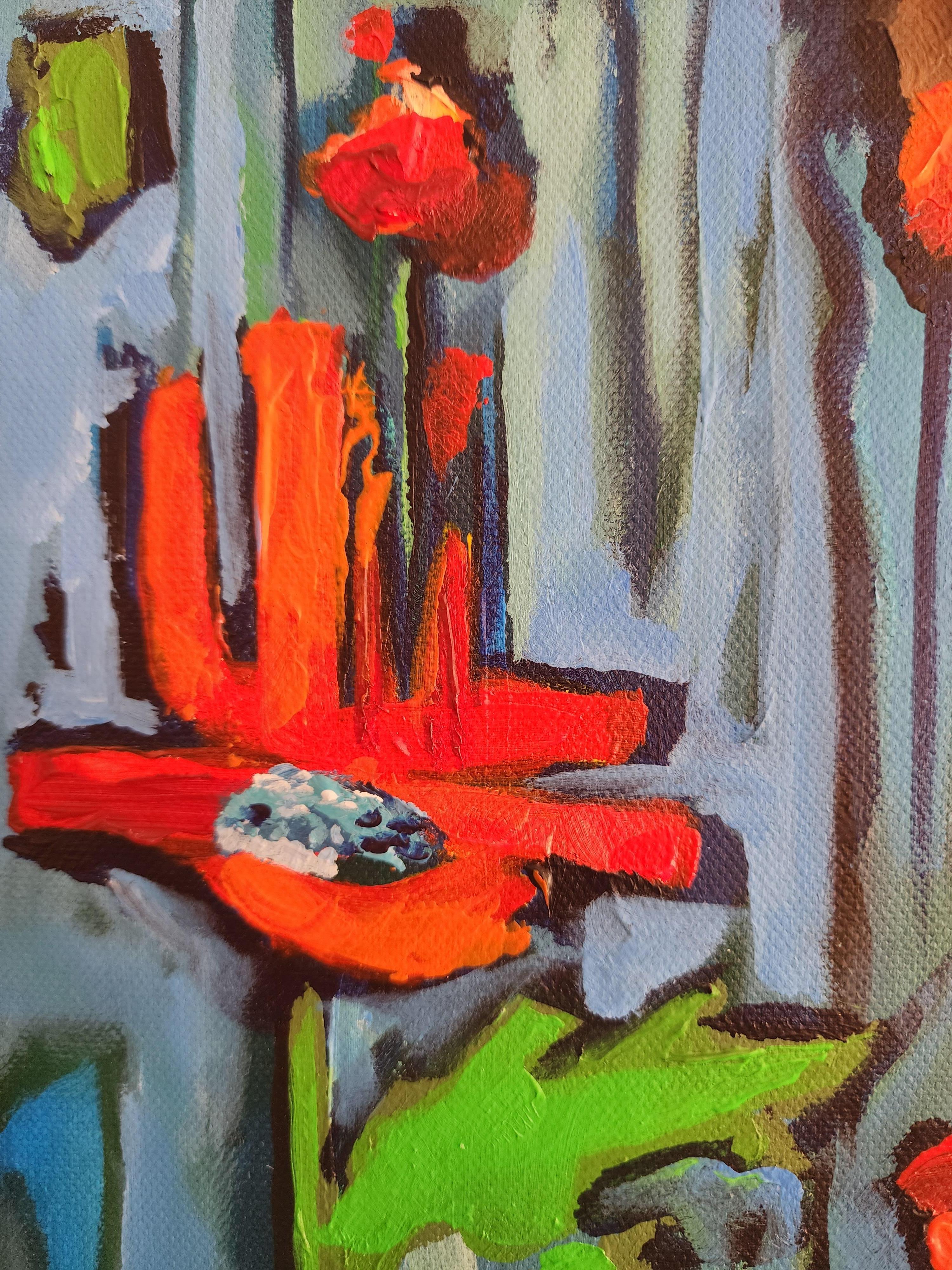 Portrait Painting Liberty Renewal Flowers Striking Bold Exclusive Blue Red Life - Brown Abstract Painting by Karnish Art